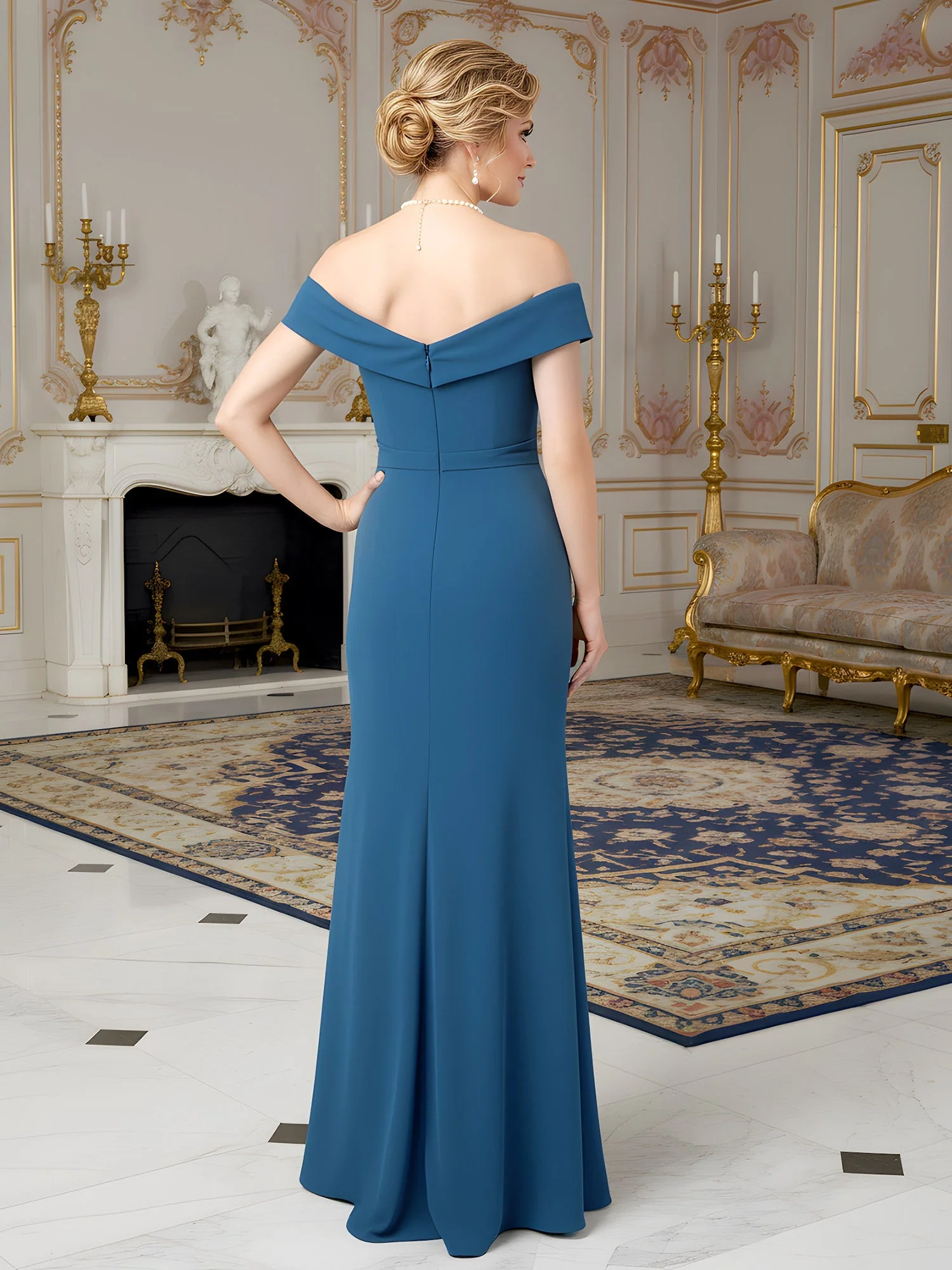 Crepe Formell Kleid mit Wasserfall Rüschen Akzent Königsblau - Image 2