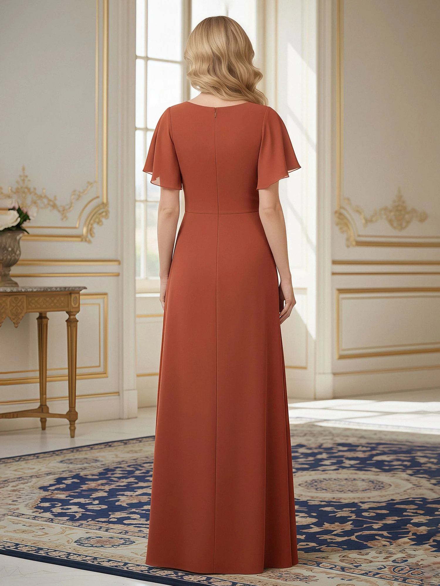 Plissee V-Ausschnitt Flatterärmel Chiffon Lang Kleid Azalee - Image 2