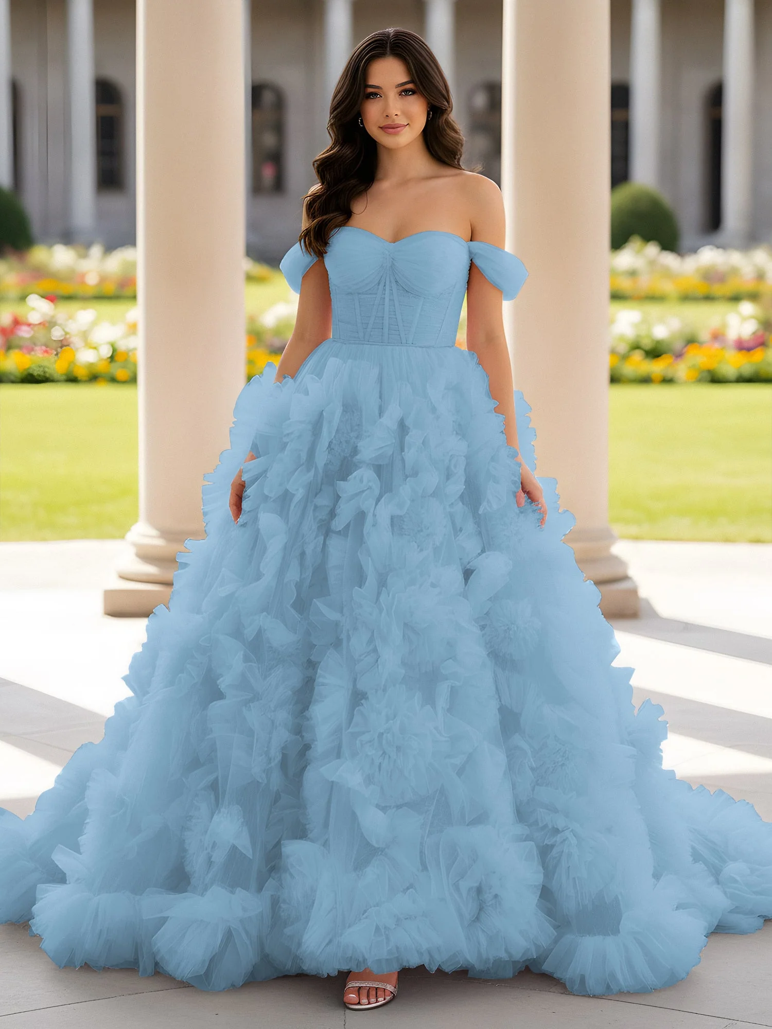 Herzform Schulterfrei Rüschen Schleppe Ballkleid Blau