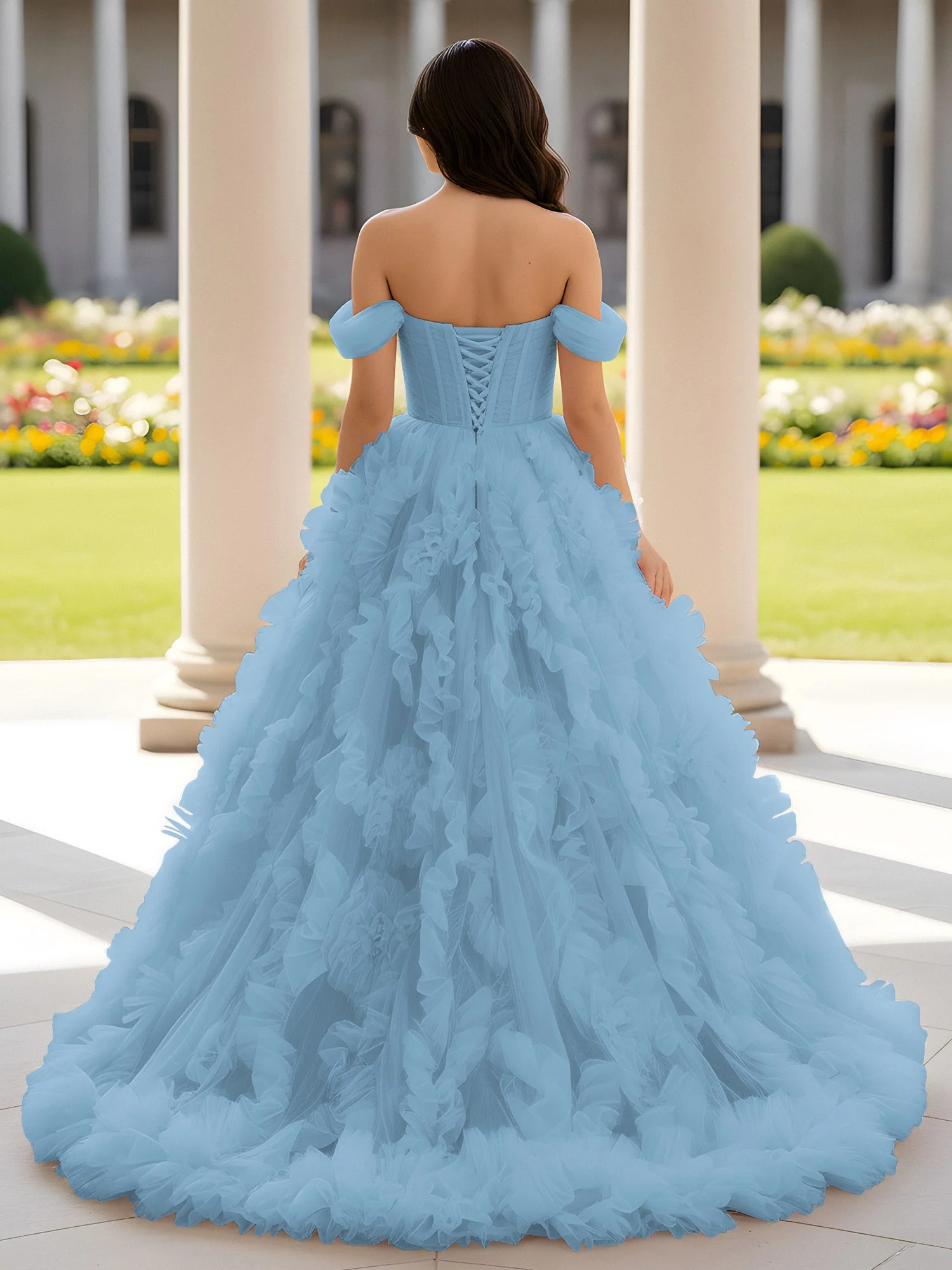 Herzform Schulterfrei Rüschen Schleppe Ballkleid Blau - Image 2