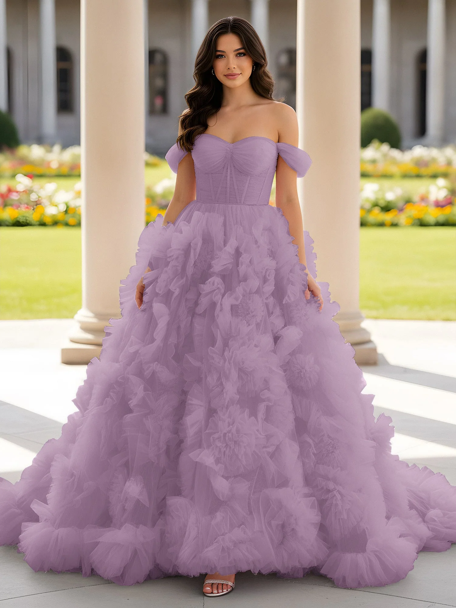 Herzform Schulterfrei Rüschen Schleppe Ballkleid Blauregen