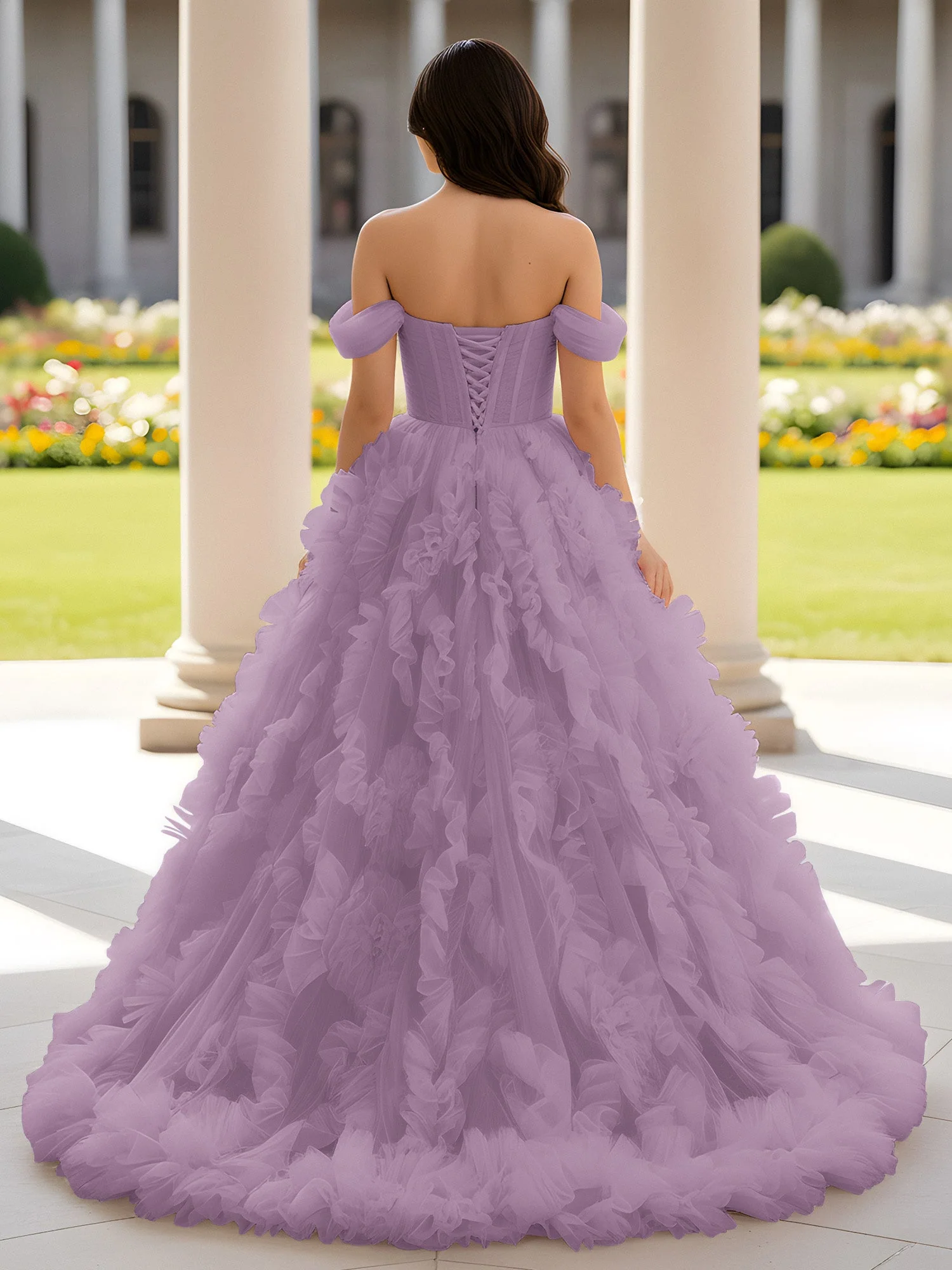 Herzform Schulterfrei Rüschen Schleppe Ballkleid Blauregen - Image 2