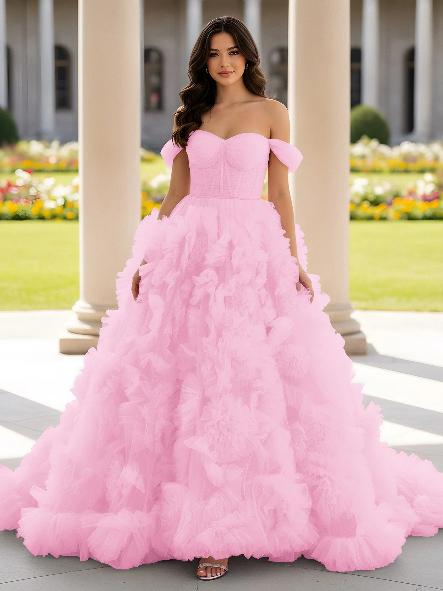 Herzform Schulterfrei Rüschen Schleppe Ballkleid Bonbonrosa