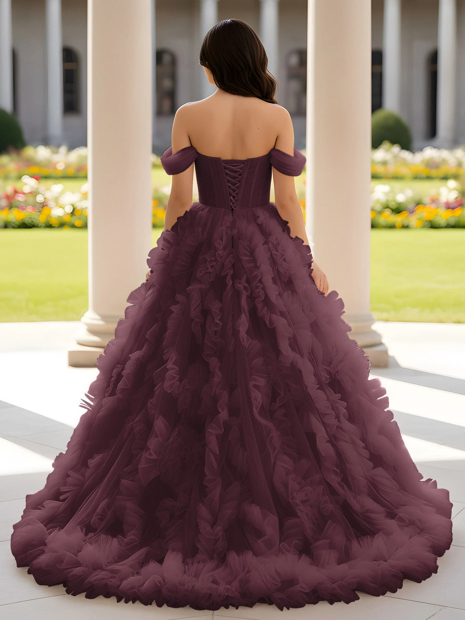 Herzform Schulterfrei Rüschen Schleppe Ballkleid Cabernet - Image 2