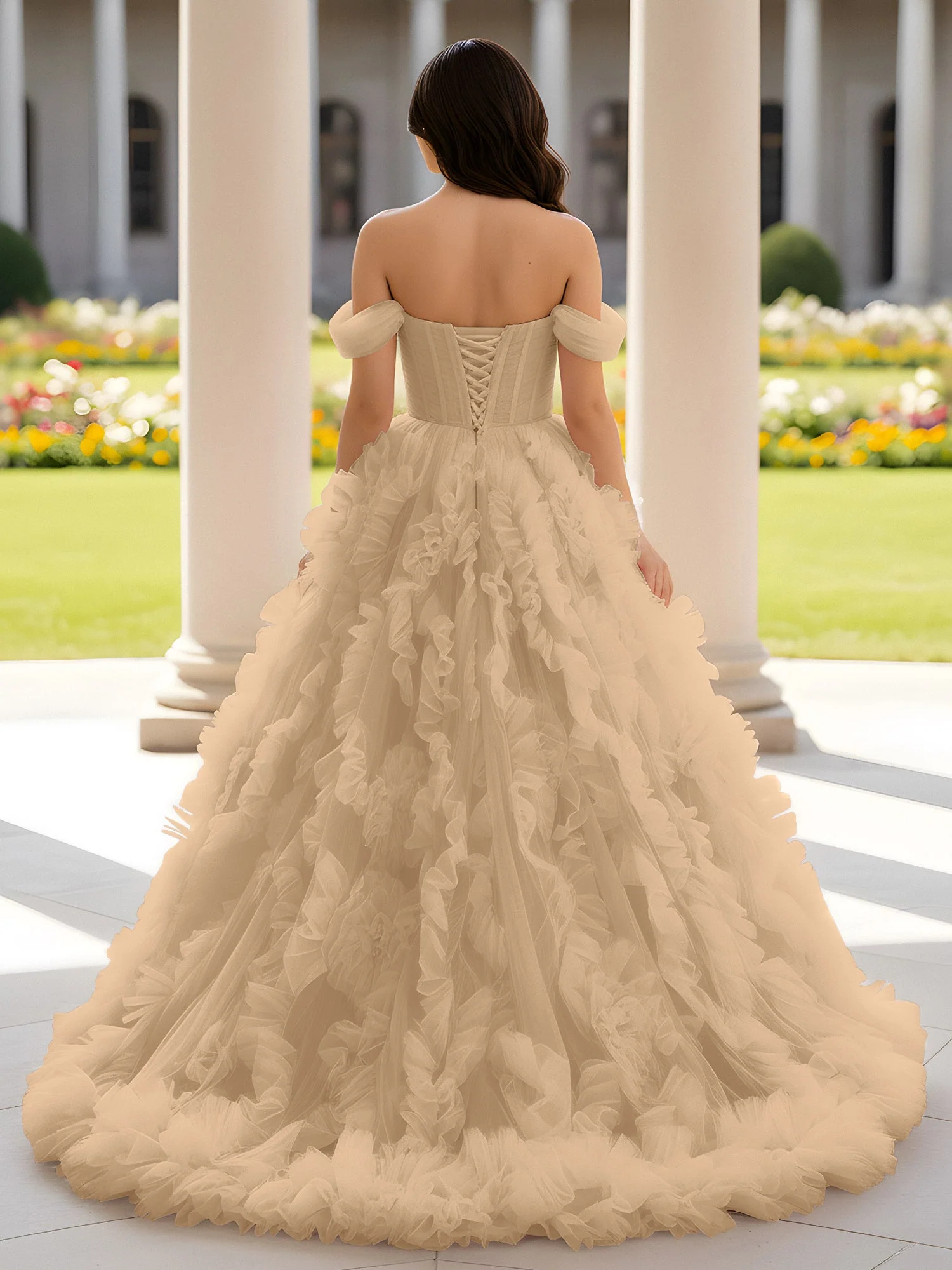 Herzform Schulterfrei Rüschen Schleppe Ballkleid Champagner - Image 2