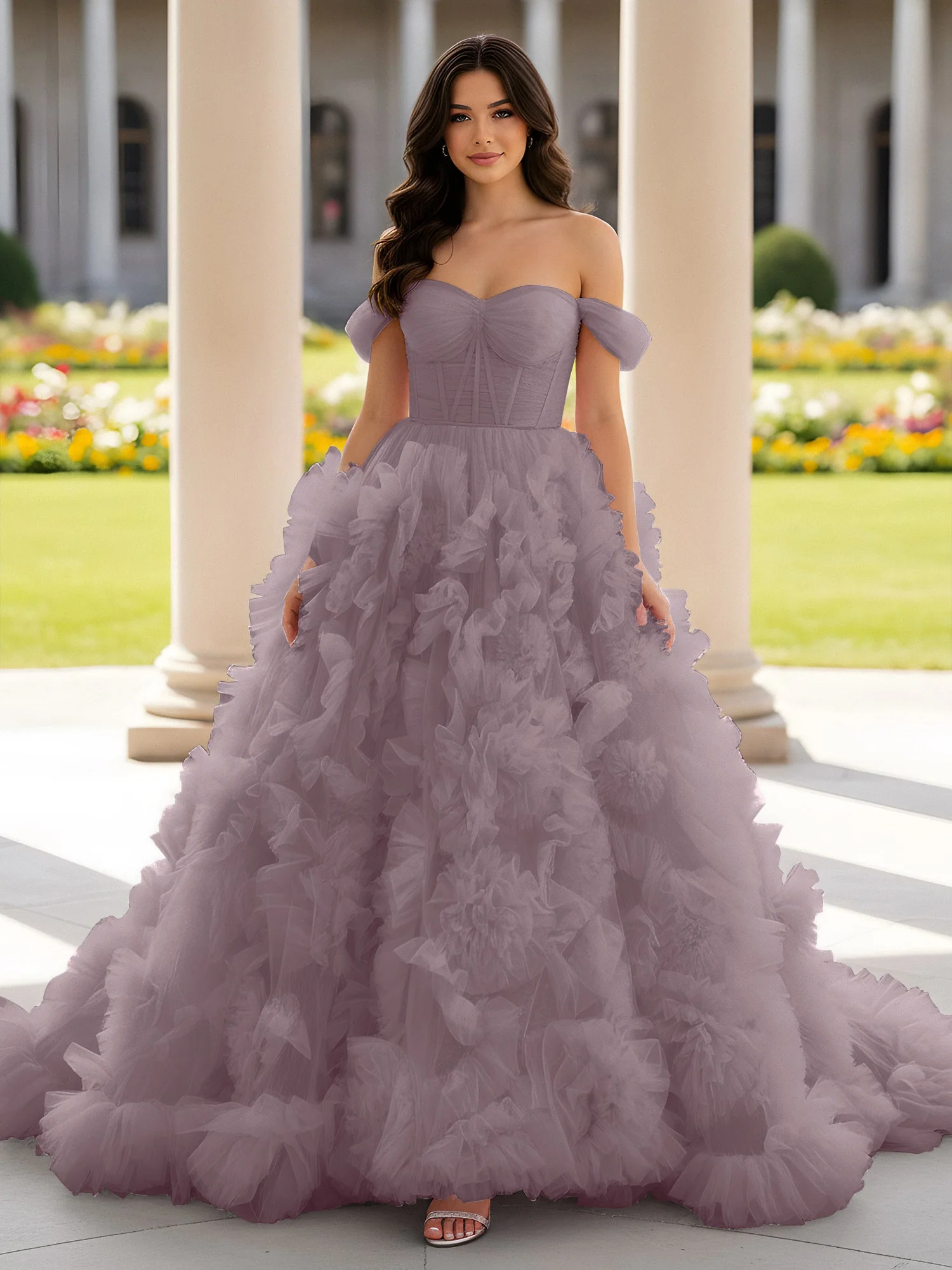 Herzform Schulterfrei Rüschen Schleppe Ballkleid Dämmerung