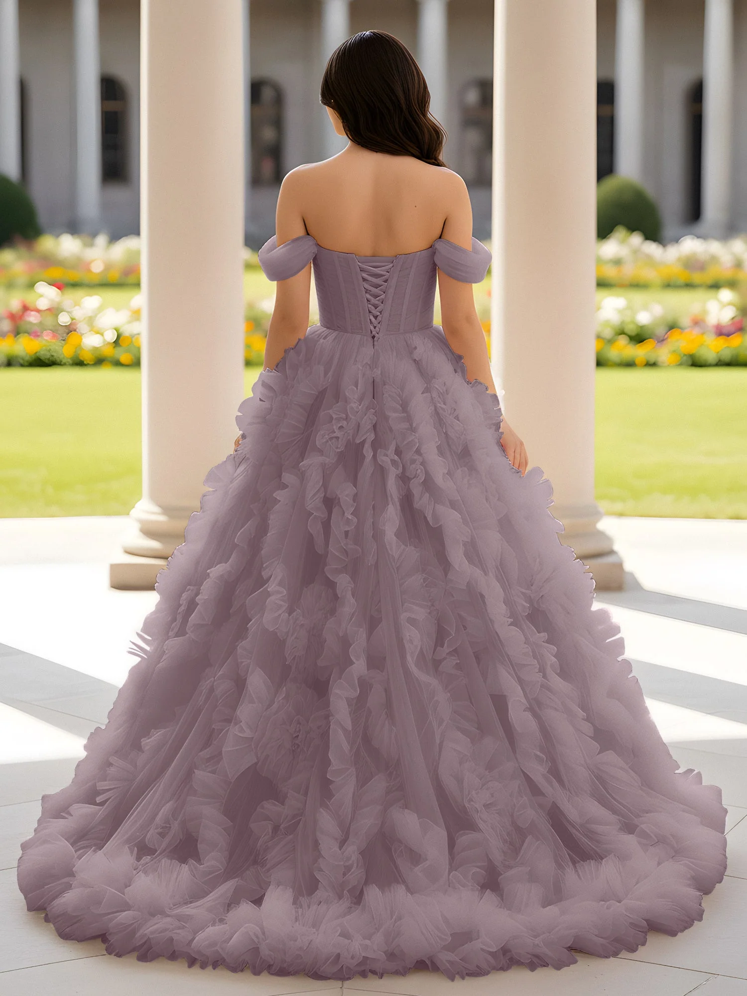 Herzform Schulterfrei Rüschen Schleppe Ballkleid Dämmerung - Image 2