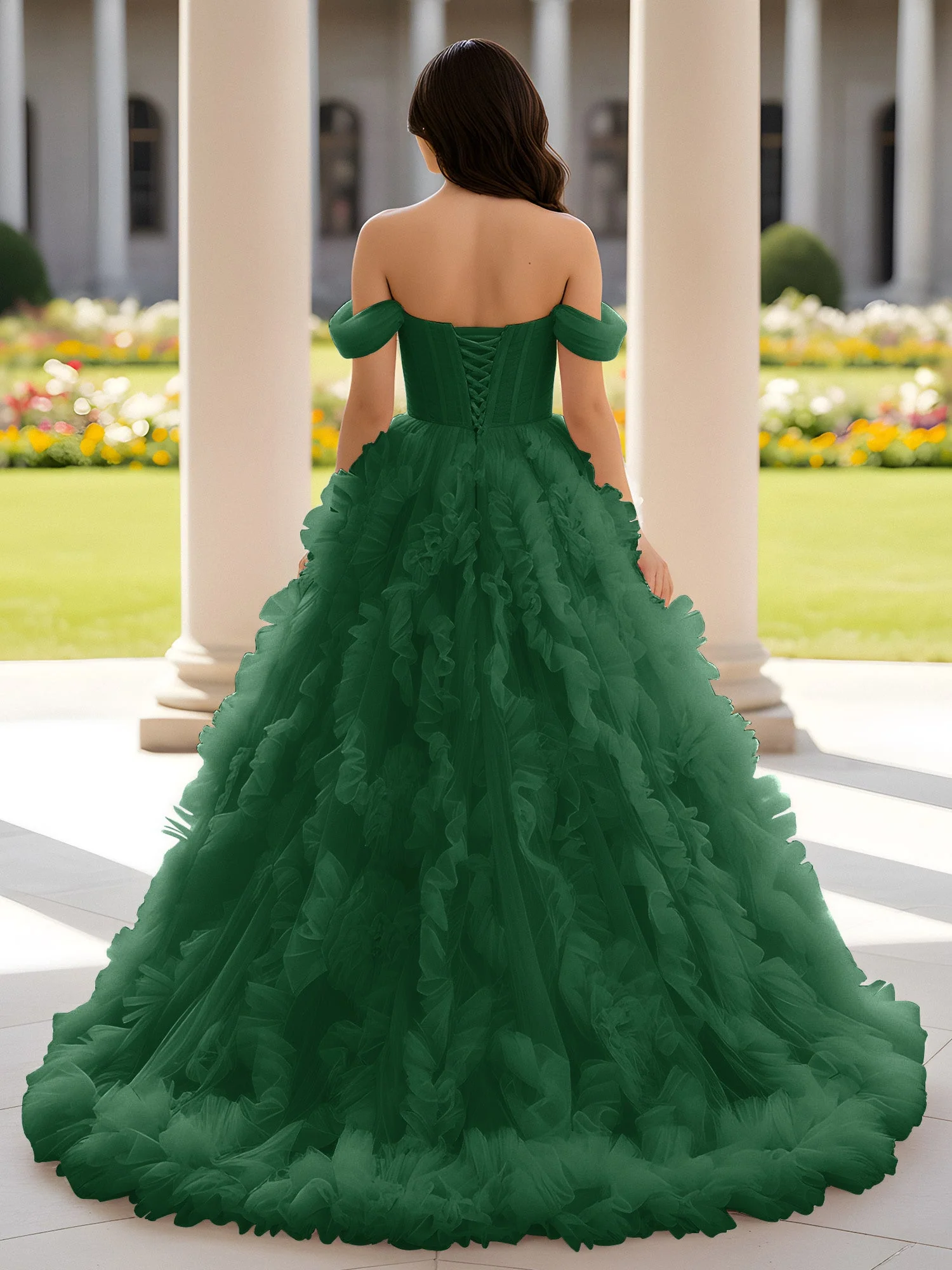Herzform Schulterfrei Rüschen Schleppe Ballkleid Dunkelgrün - Image 2