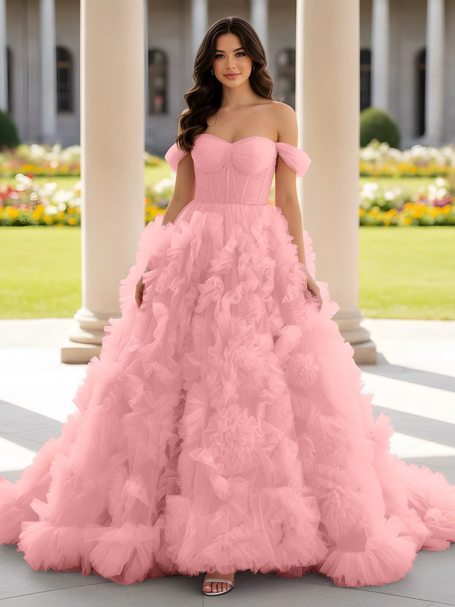 Herzform Schulterfrei Rüschen Schleppe Ballkleid Flamingo