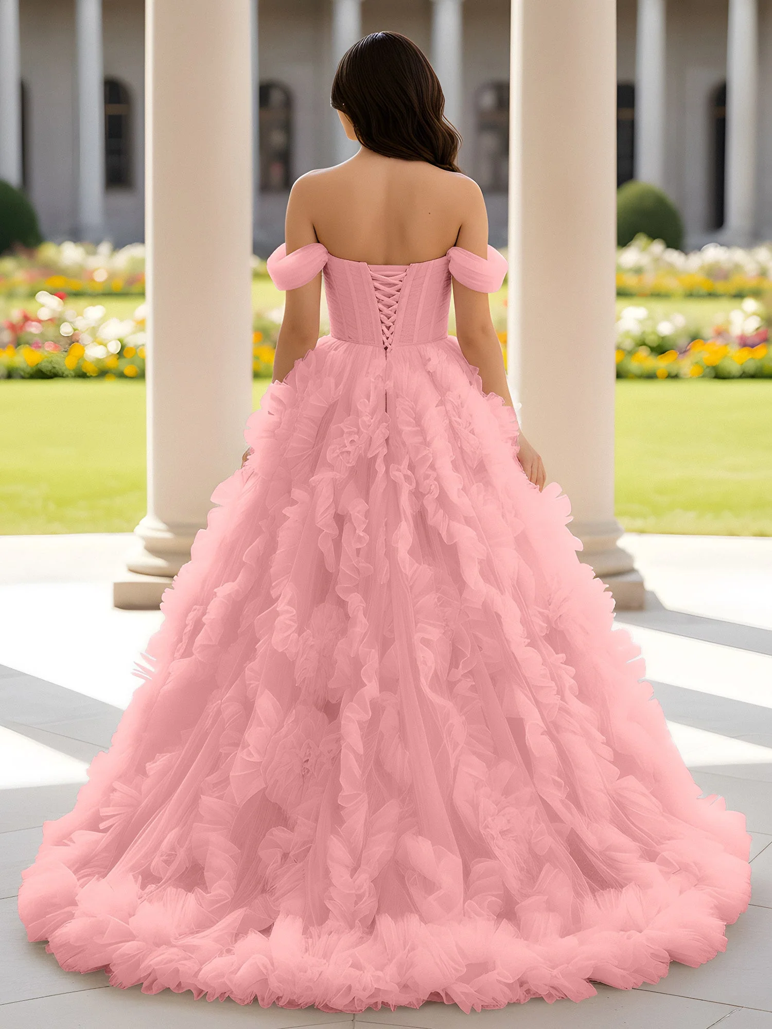 Herzform Schulterfrei Rüschen Schleppe Ballkleid Flamingo - Image 2