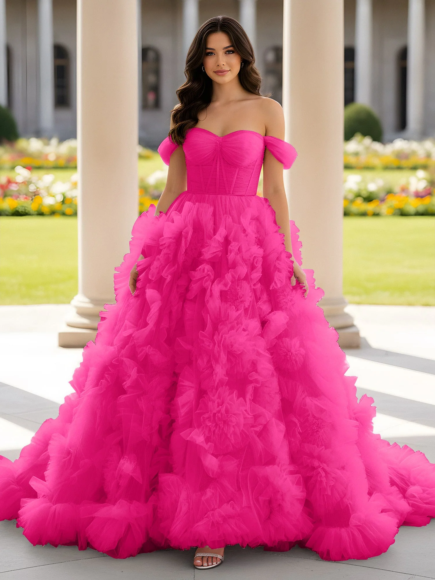 Herzform Schulterfrei Rüschen Schleppe Ballkleid Fuchsia