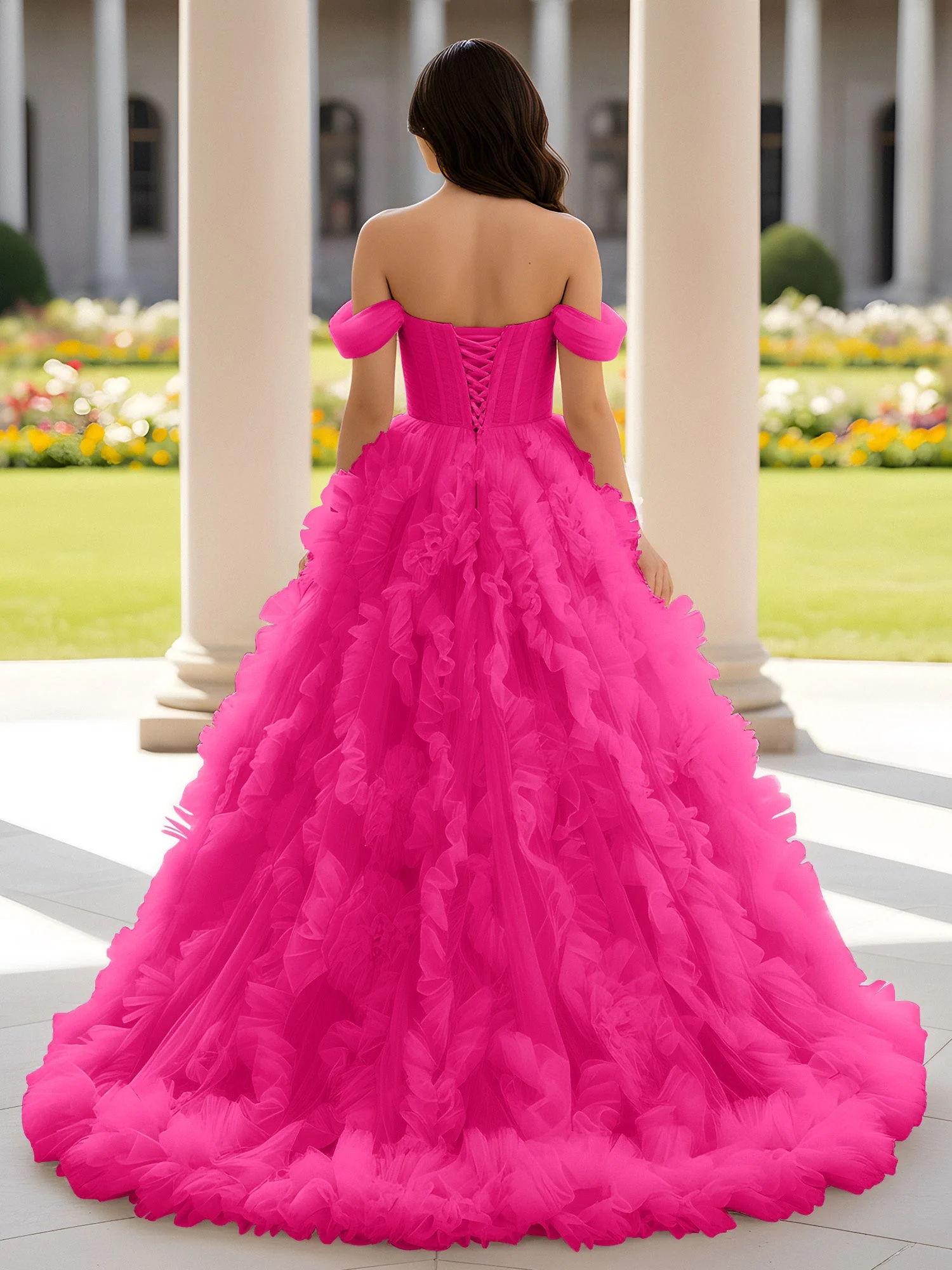 Herzform Schulterfrei Rüschen Schleppe Ballkleid Fuchsia - Image 2
