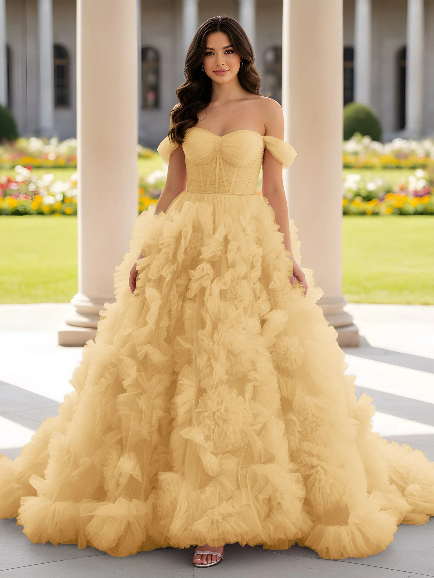 Herzform Schulterfrei Rüschen Schleppe Ballkleid Gold