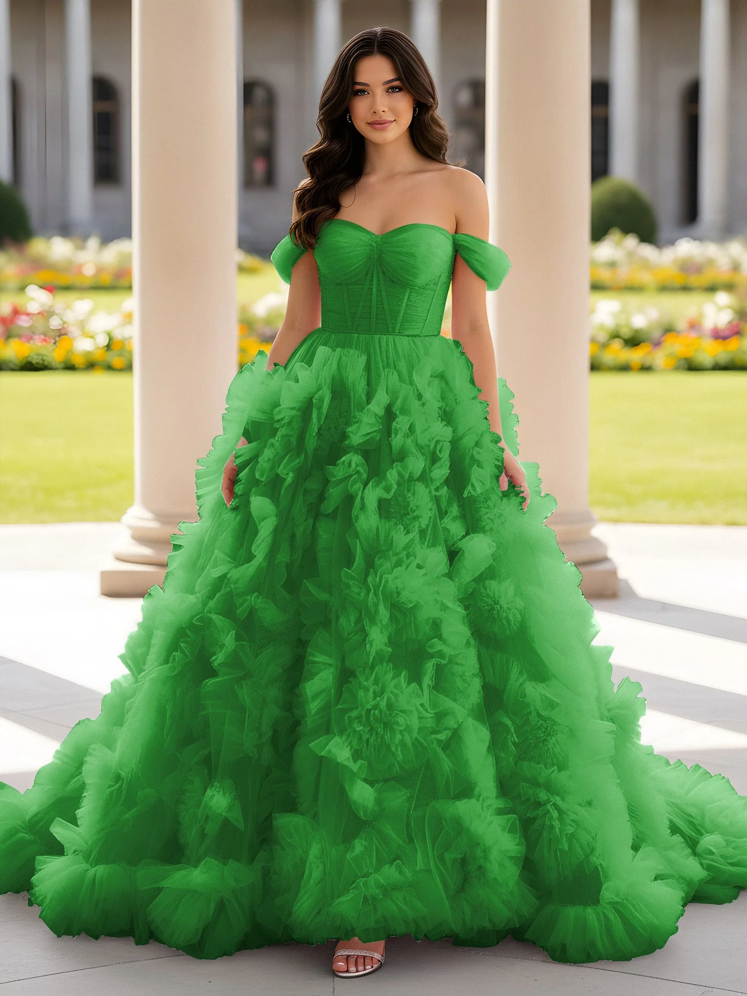 Herzform Schulterfrei Rüschen Schleppe Ballkleid Grün