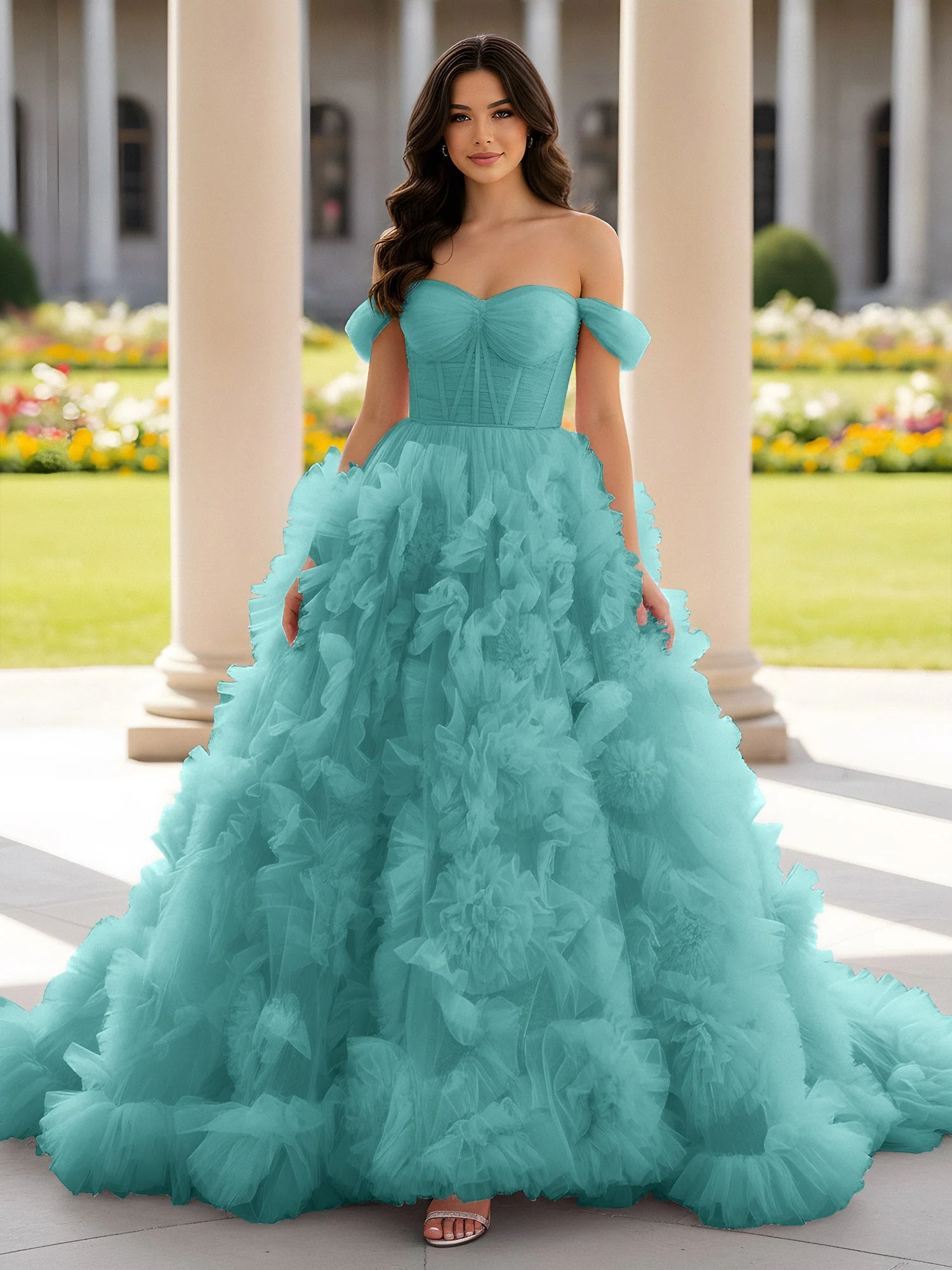 Herzform Schulterfrei Rüschen Schleppe Ballkleid Jade