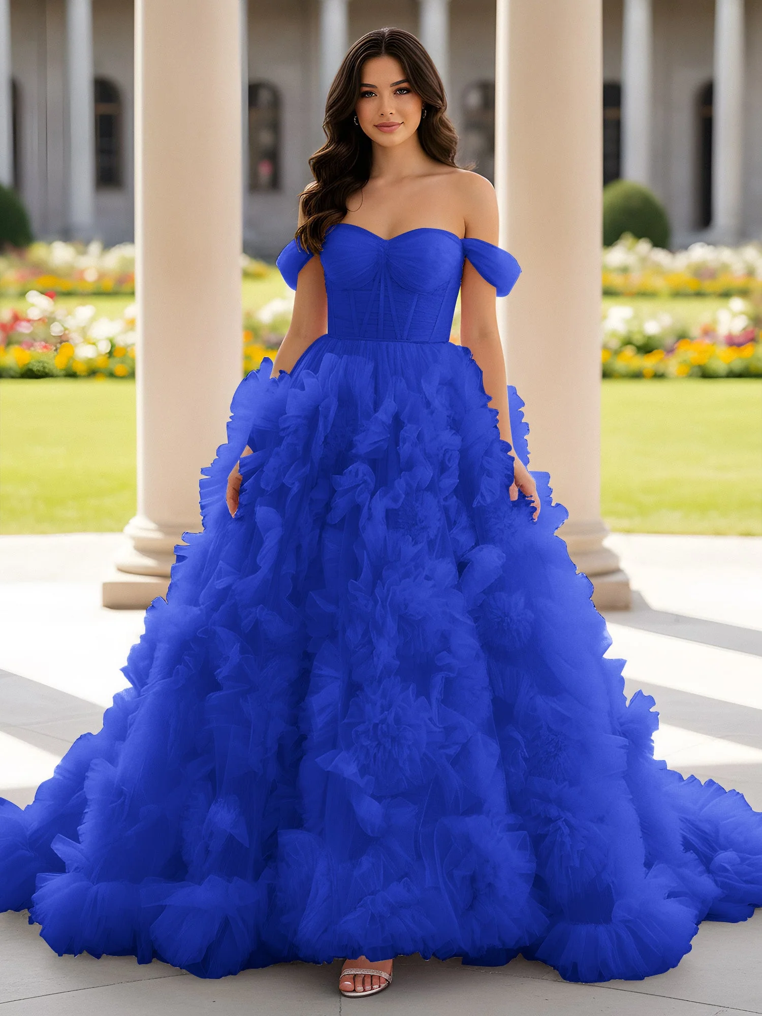 Herzform Schulterfrei Rüschen Schleppe Ballkleid Königsblau