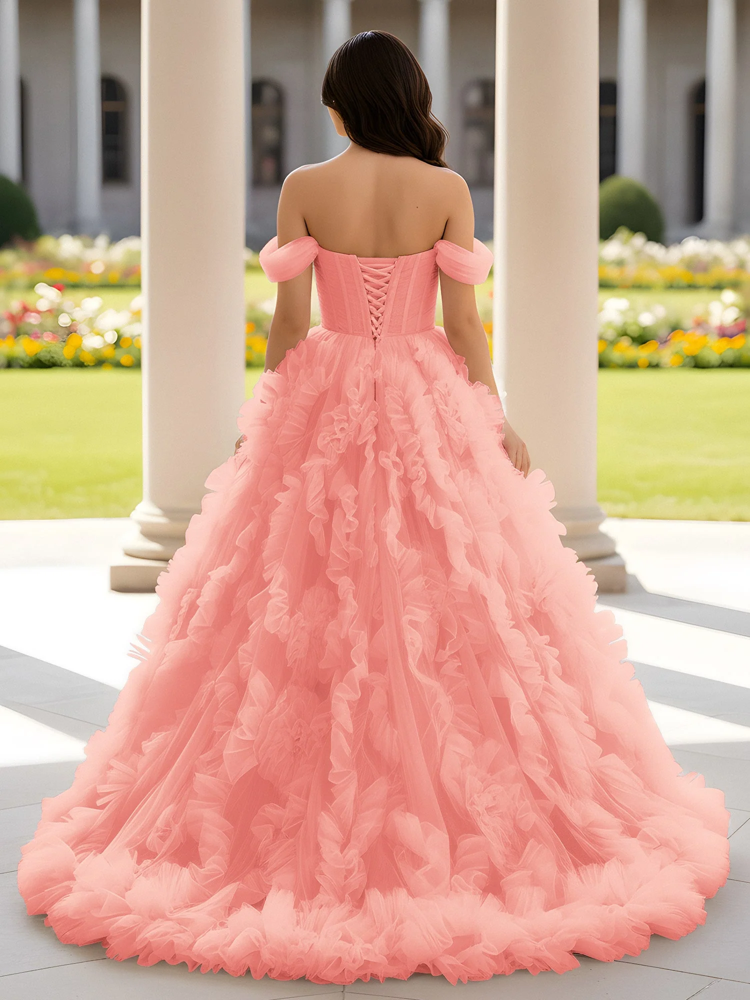 Herzform Schulterfrei Rüschen Schleppe Ballkleid Koralle - Image 2