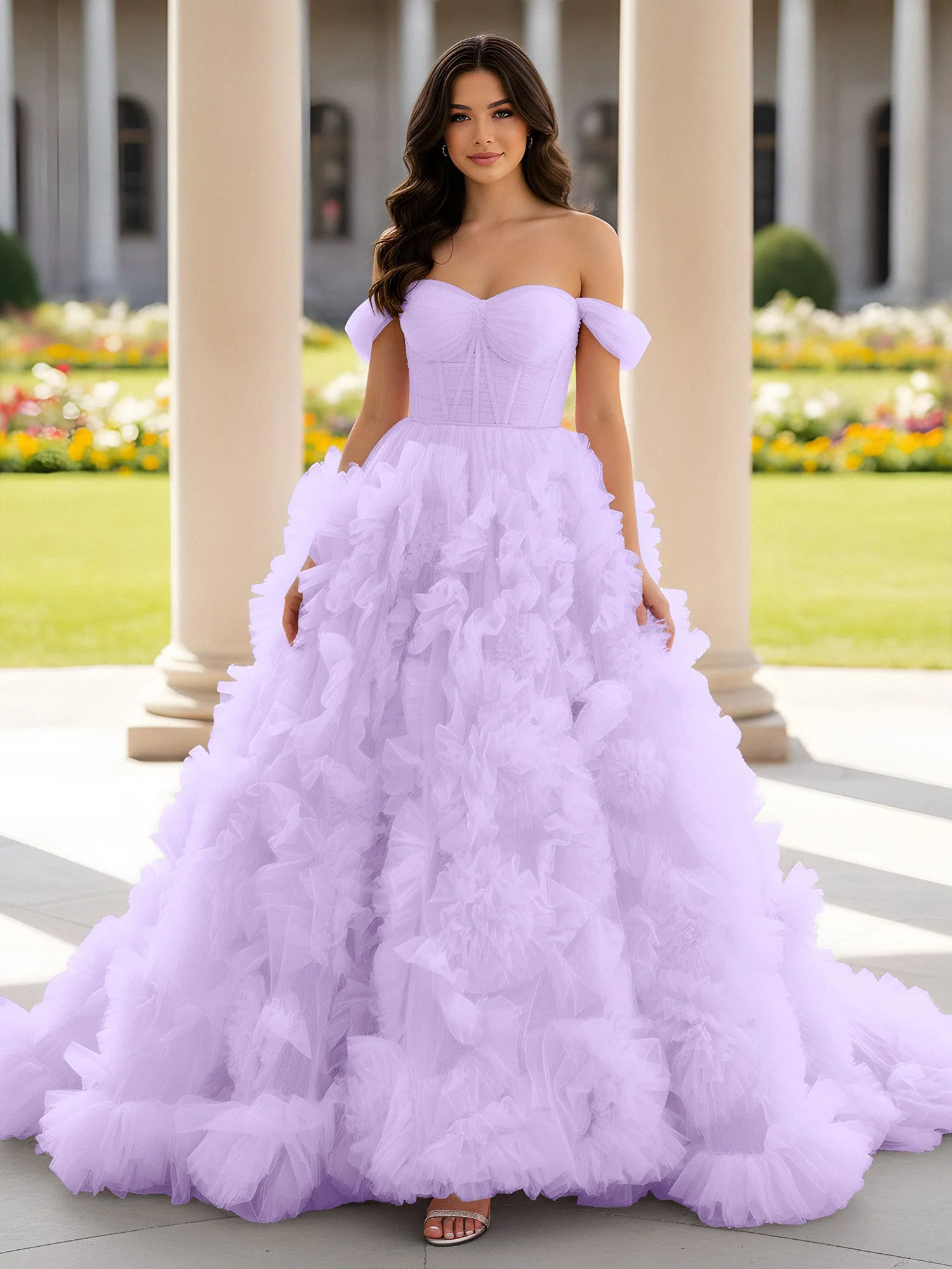 Herzform Schulterfrei Rüschen Schleppe Ballkleid Lila
