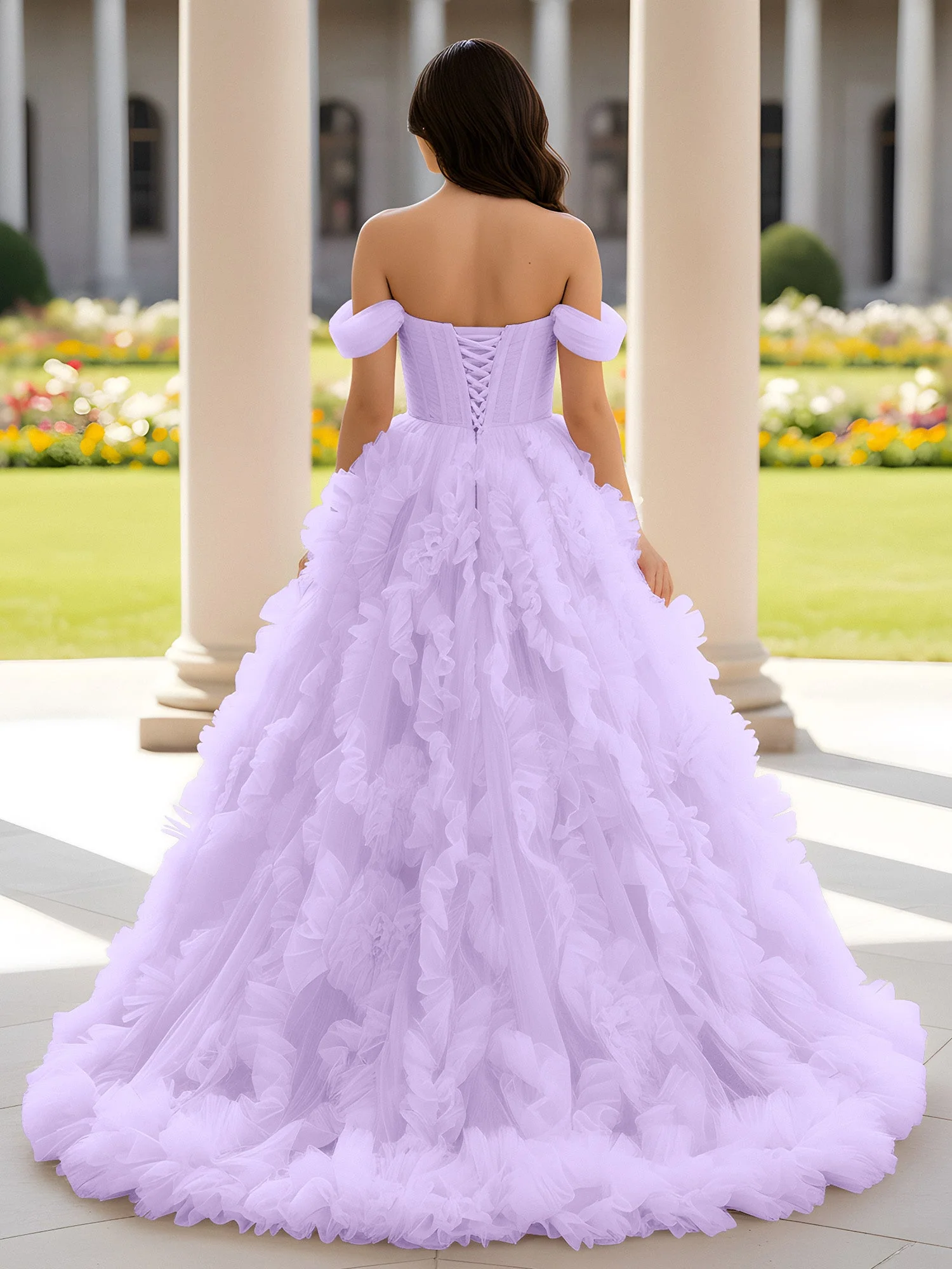 Herzform Schulterfrei Rüschen Schleppe Ballkleid Lila - Image 2