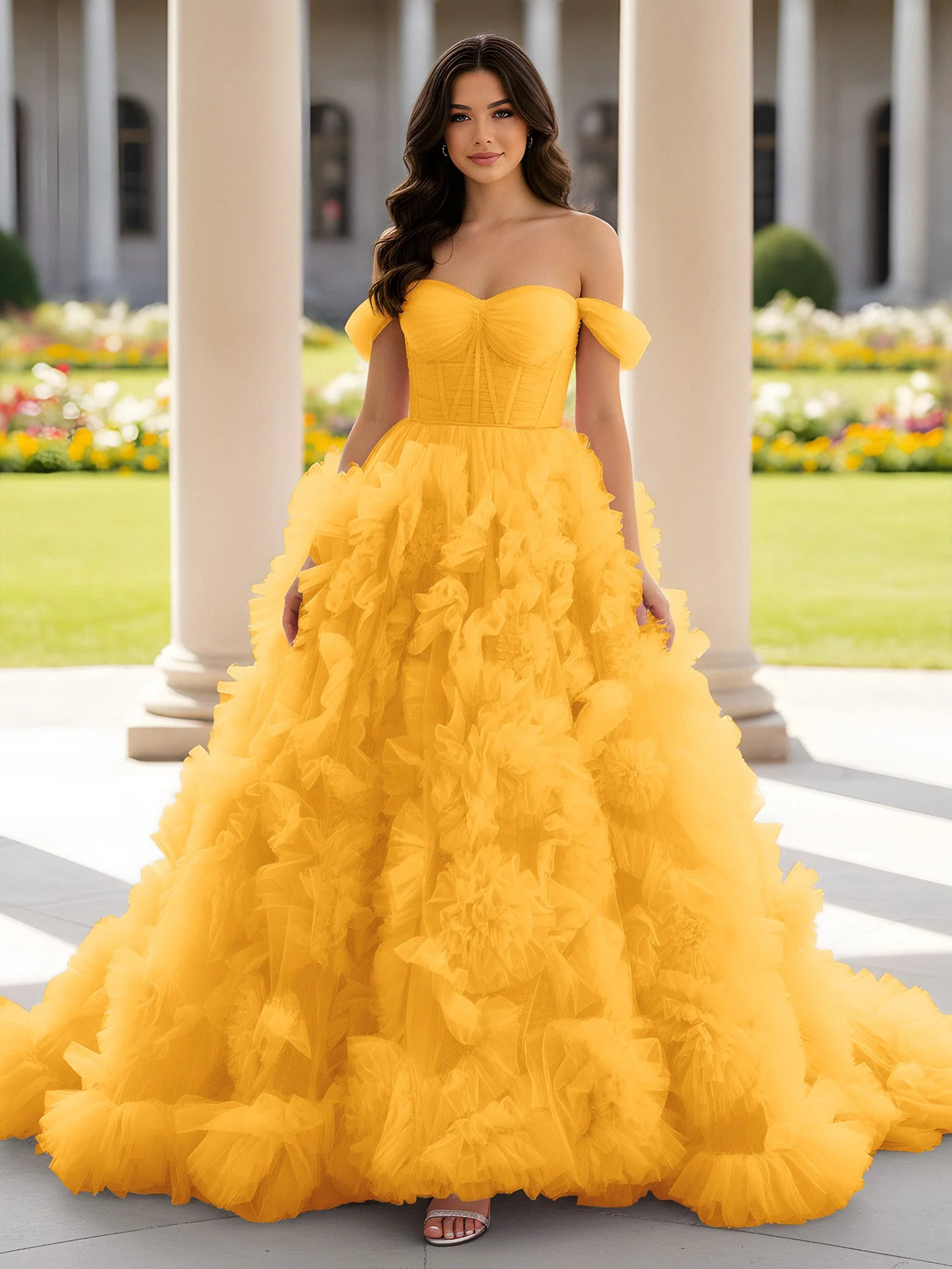 Herzform Schulterfrei Rüschen Schleppe Ballkleid Mandarine