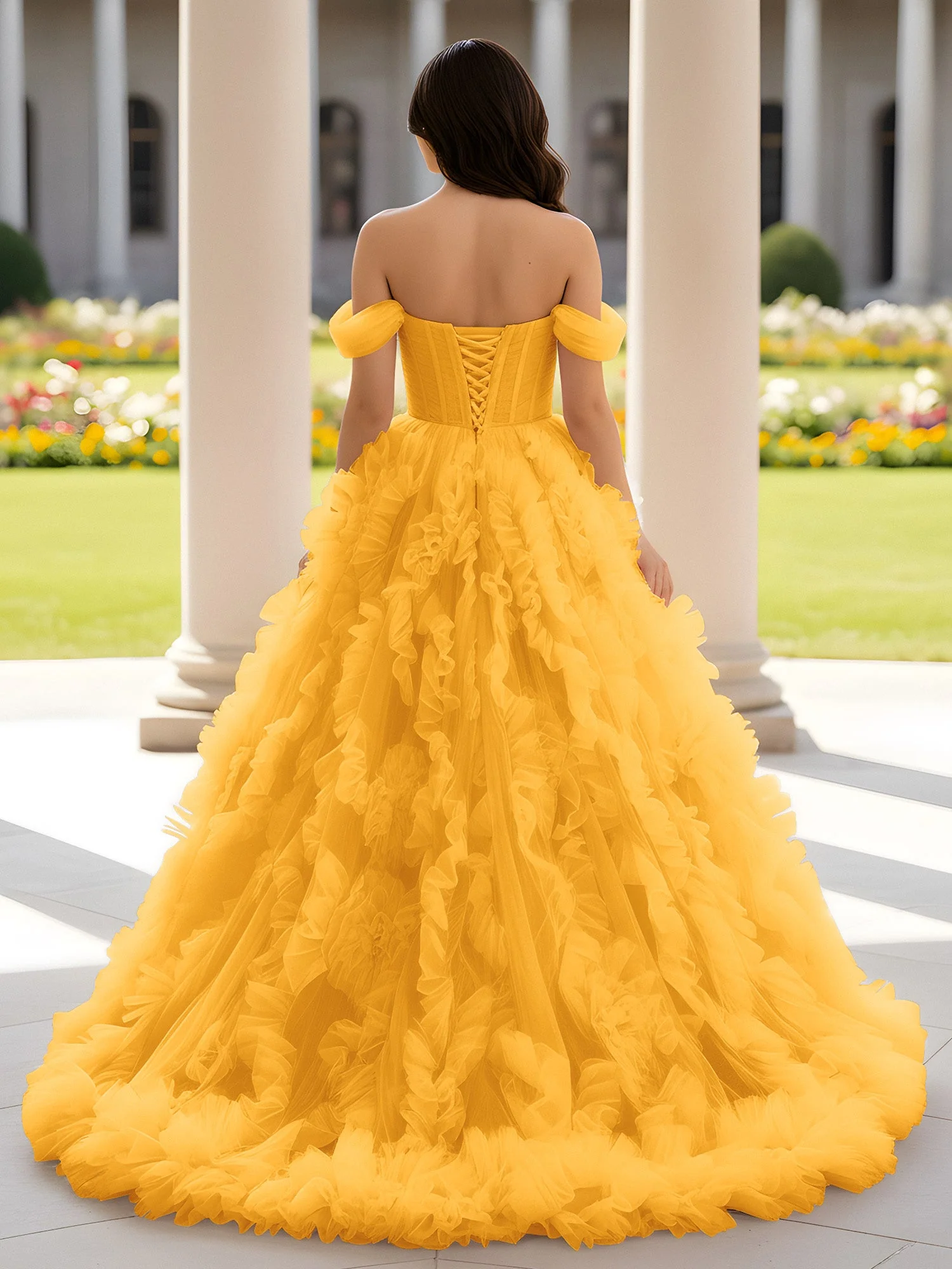 Herzform Schulterfrei Rüschen Schleppe Ballkleid Mandarine - Image 2