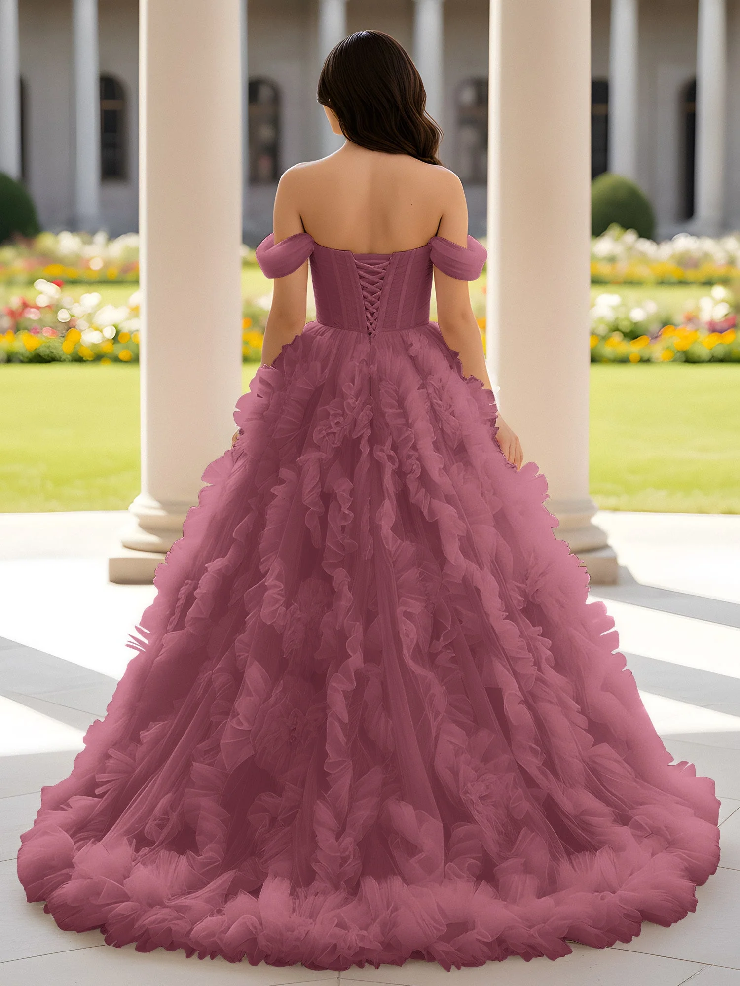 Herzform Schulterfrei Rüschen Schleppe Ballkleid Maulbeere - Image 2