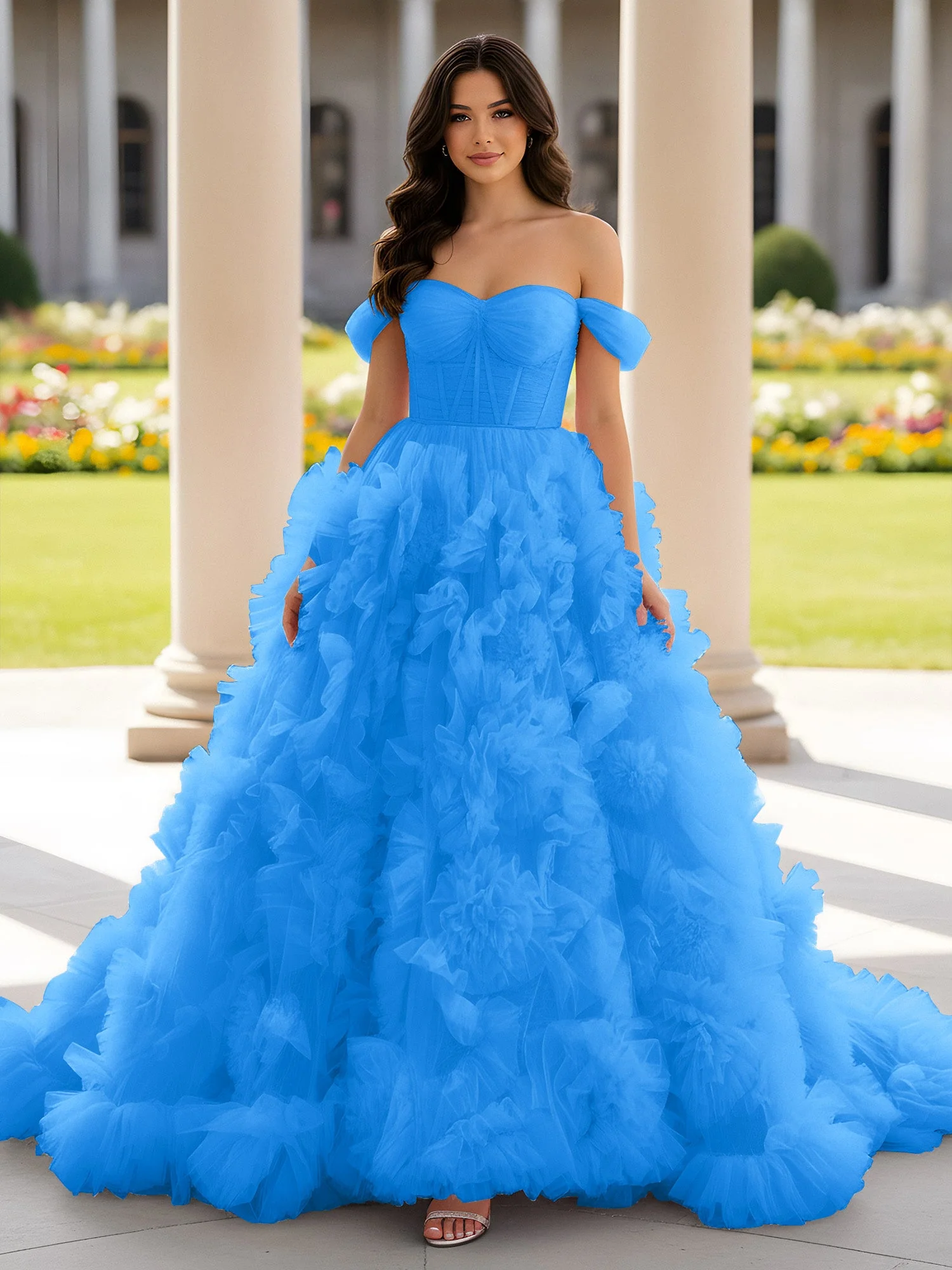 Herzform Schulterfrei Rüschen Schleppe Ballkleid Meerblau