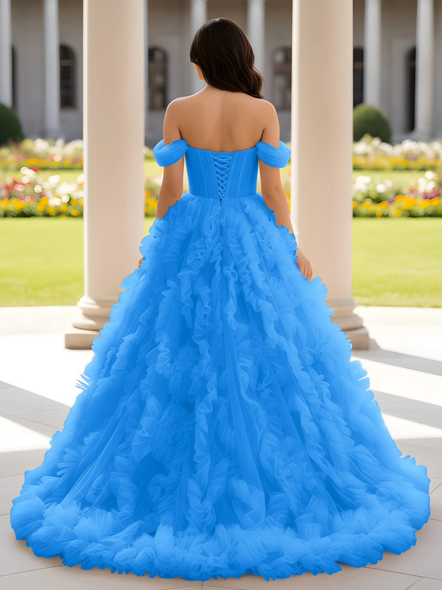 Herzform Schulterfrei Rüschen Schleppe Ballkleid Meerblau - Image 2