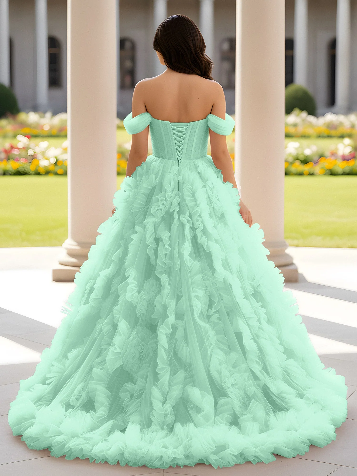 Herzform Schulterfrei Rüschen Schleppe Ballkleid Minzgrün - Image 2