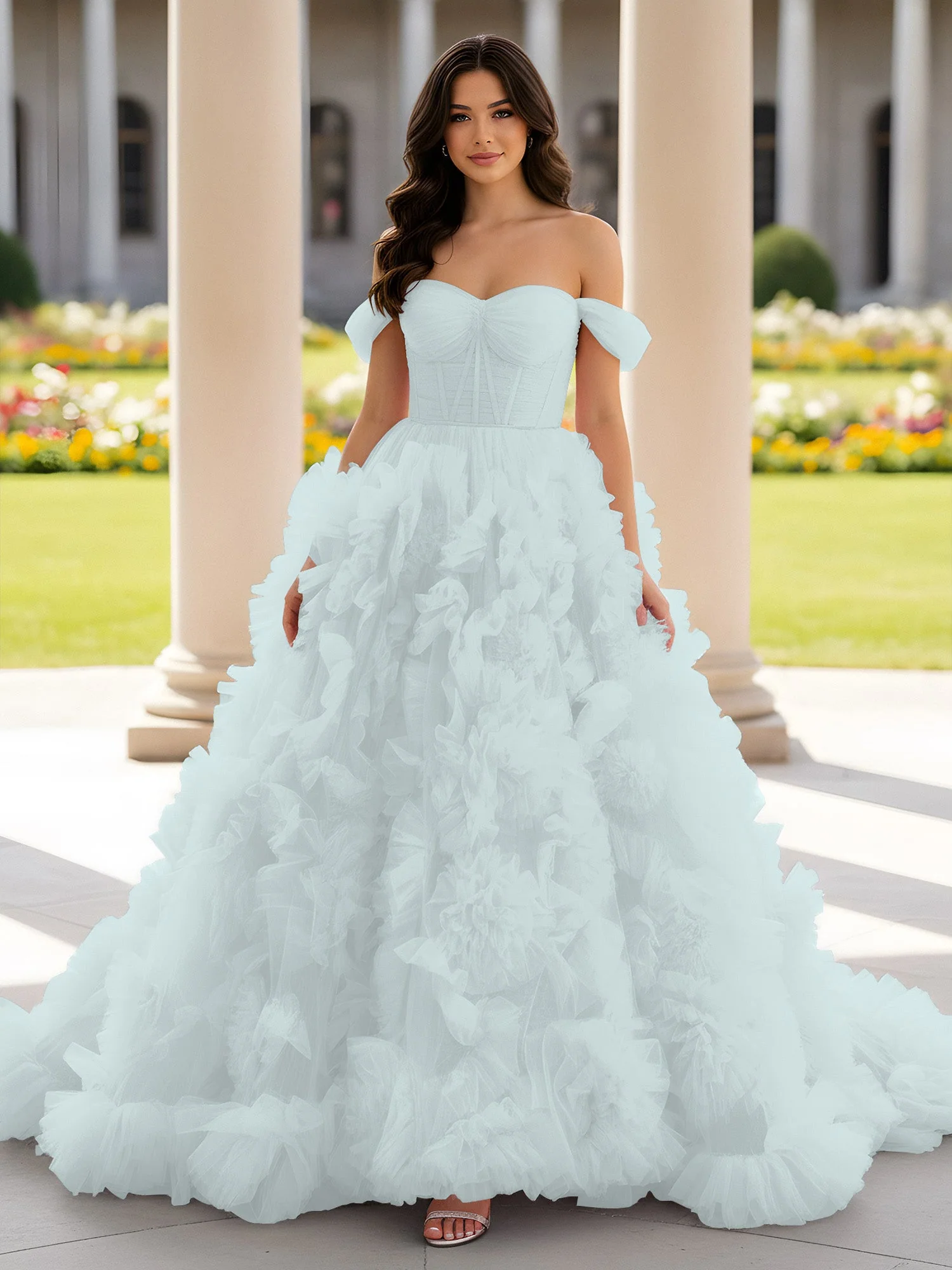 Herzform Schulterfrei Rüschen Schleppe Ballkleid Nebel