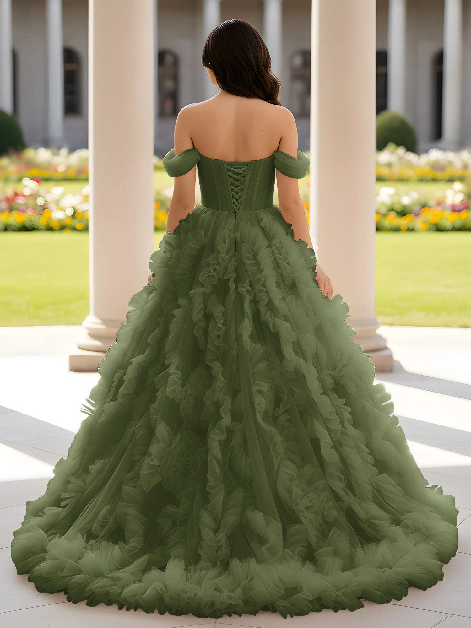 Herzform Schulterfrei Rüschen Schleppe Ballkleid Olivgrün - Image 2