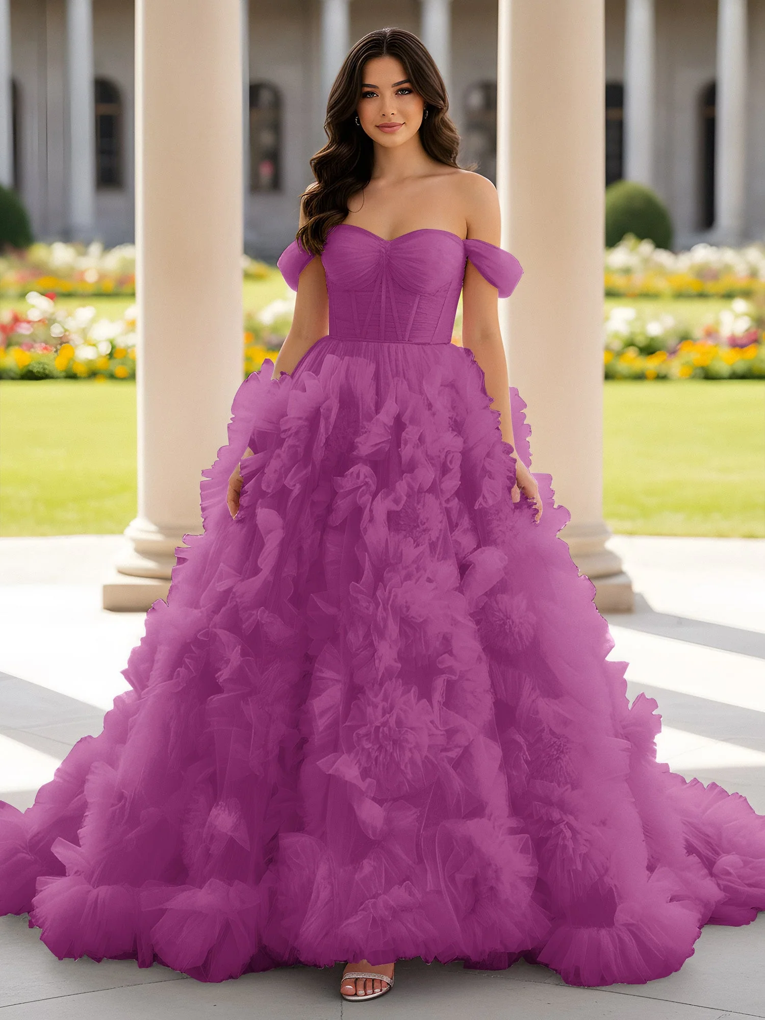 Herzform Schulterfrei Rüschen Schleppe Ballkleid Orchidee