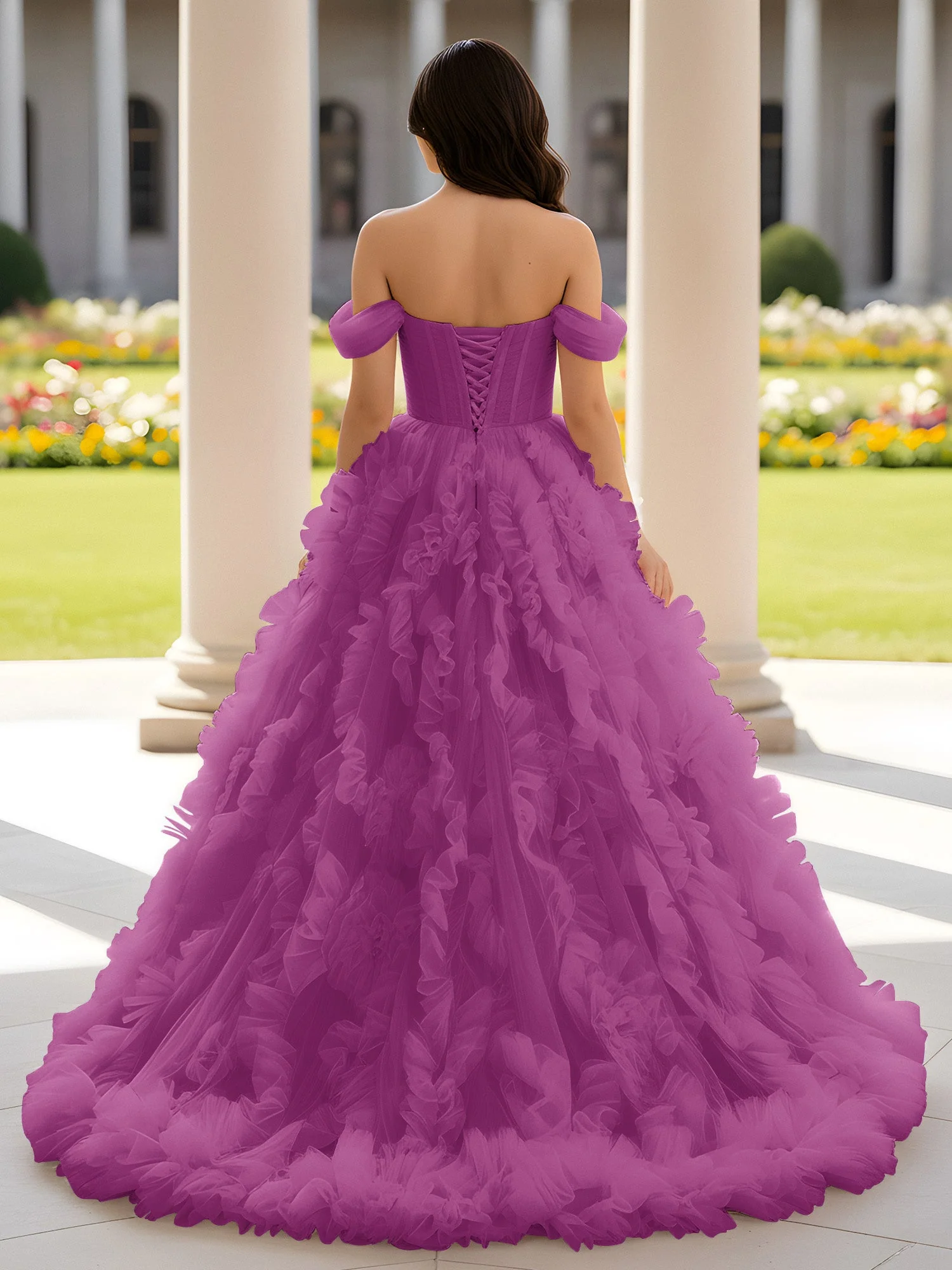 Herzform Schulterfrei Rüschen Schleppe Ballkleid Orchidee - Image 2