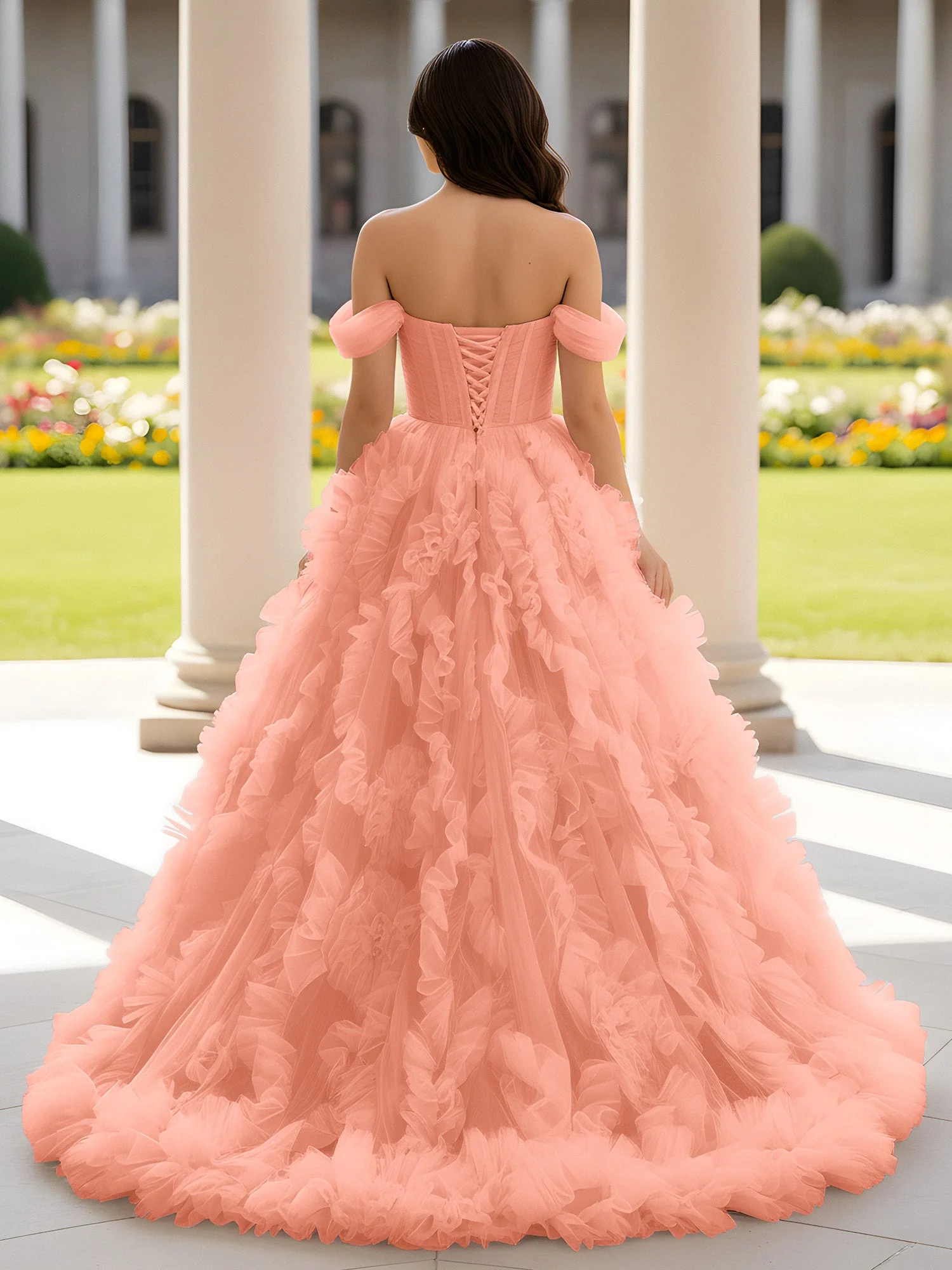 Herzform Schulterfrei Rüschen Schleppe Ballkleid Papaya - Image 2