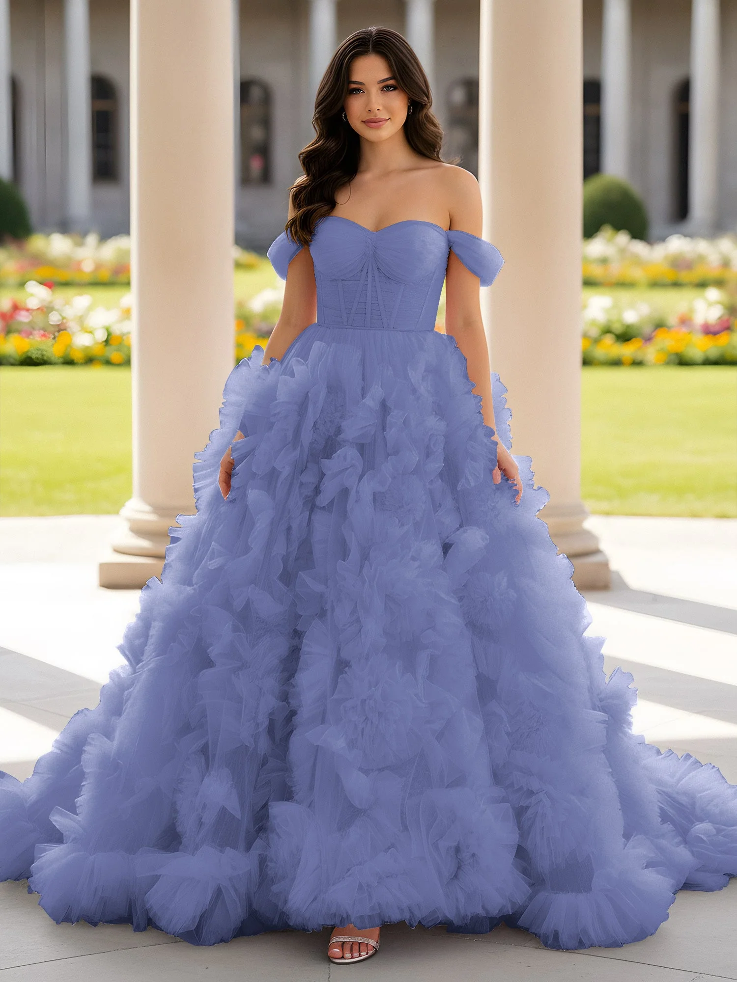 Herzform Schulterfrei Rüschen Schleppe Ballkleid Periwinkleblau