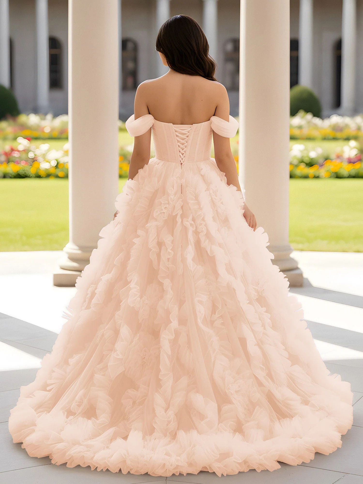 Herzform Schulterfrei Rüschen Schleppe Ballkleid Perlrosa - Image 2