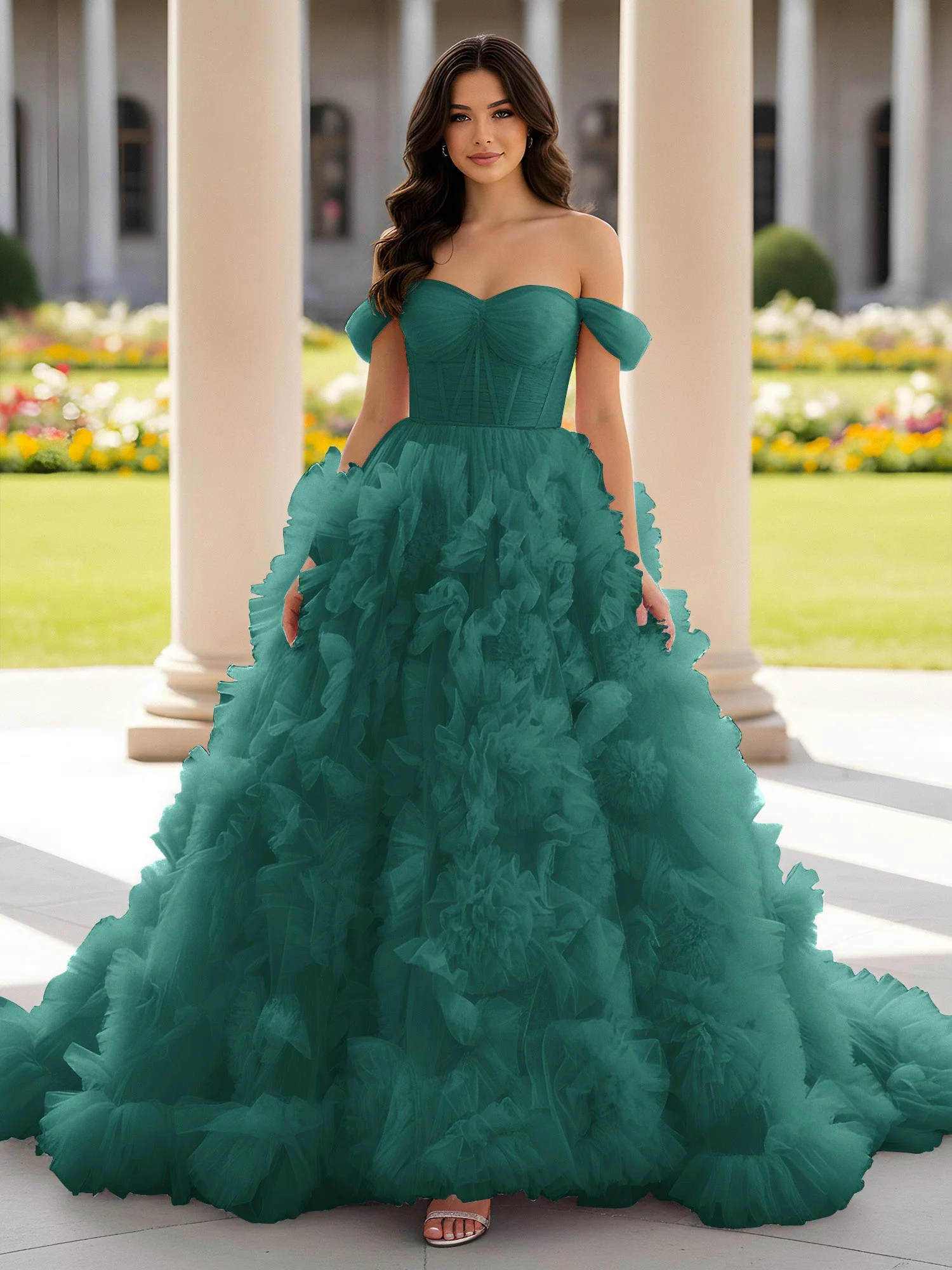 Herzform Schulterfrei Rüschen Schleppe Ballkleid Pfau