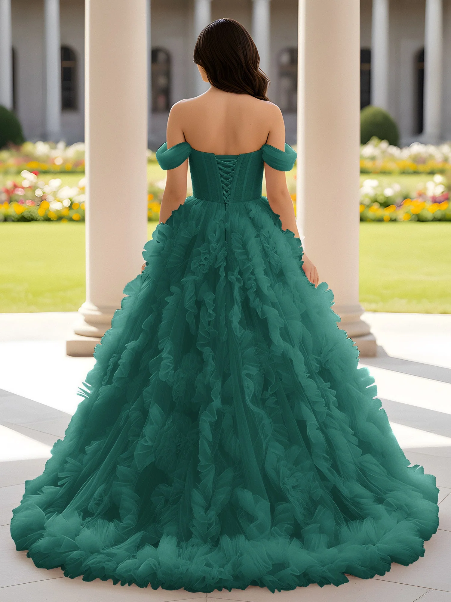 Herzform Schulterfrei Rüschen Schleppe Ballkleid Pfau - Image 2