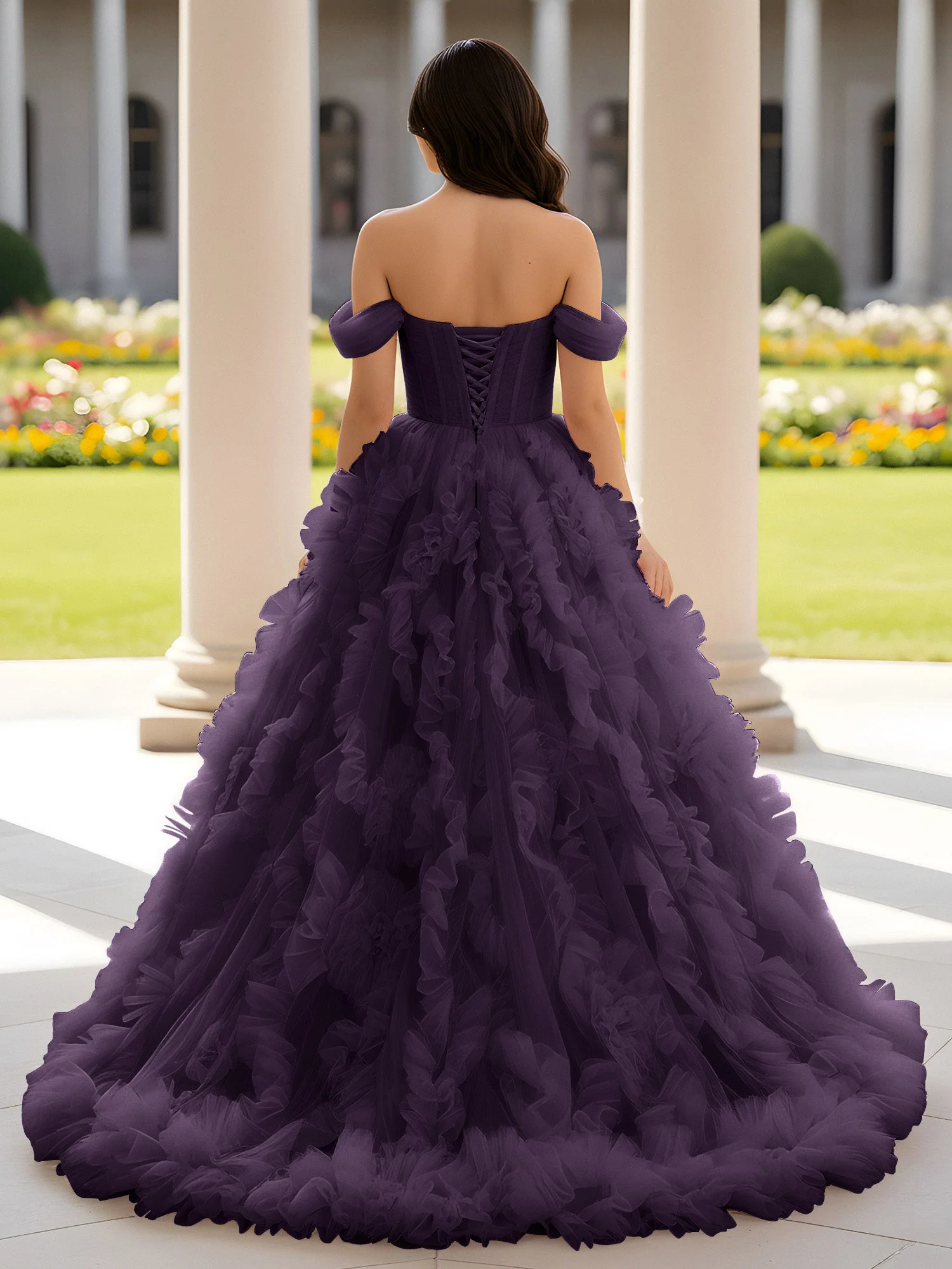 Herzform Schulterfrei Rüschen Schleppe Ballkleid Plum - Image 2