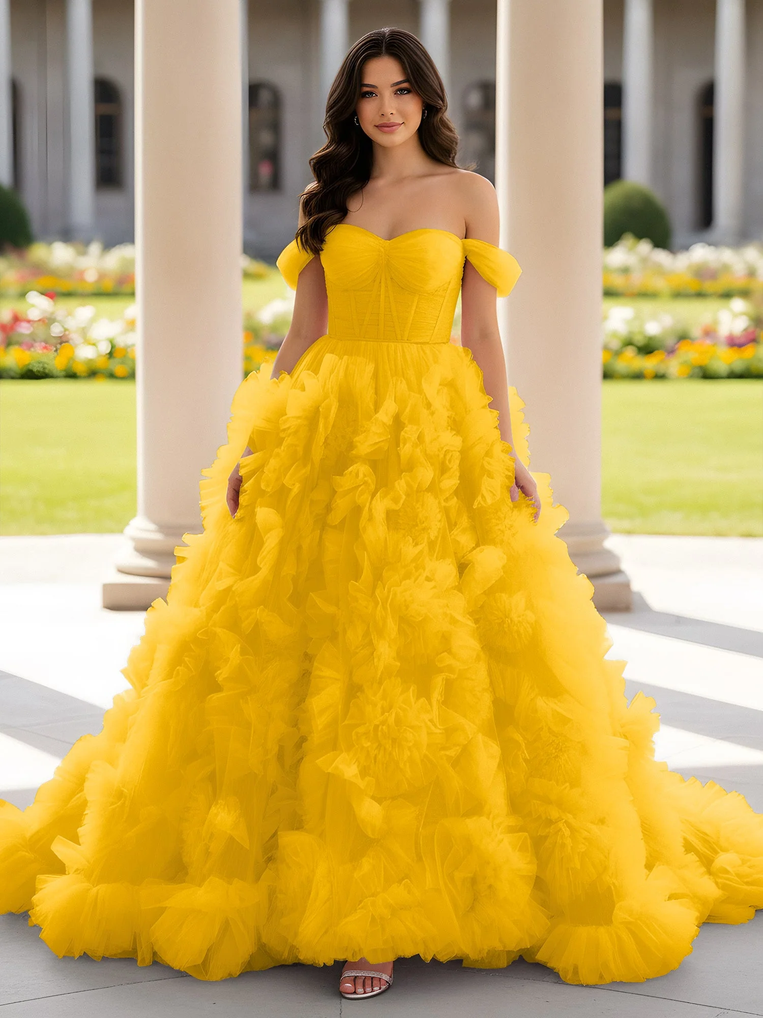 Herzform Schulterfrei Rüschen Schleppe Ballkleid Ringelblume