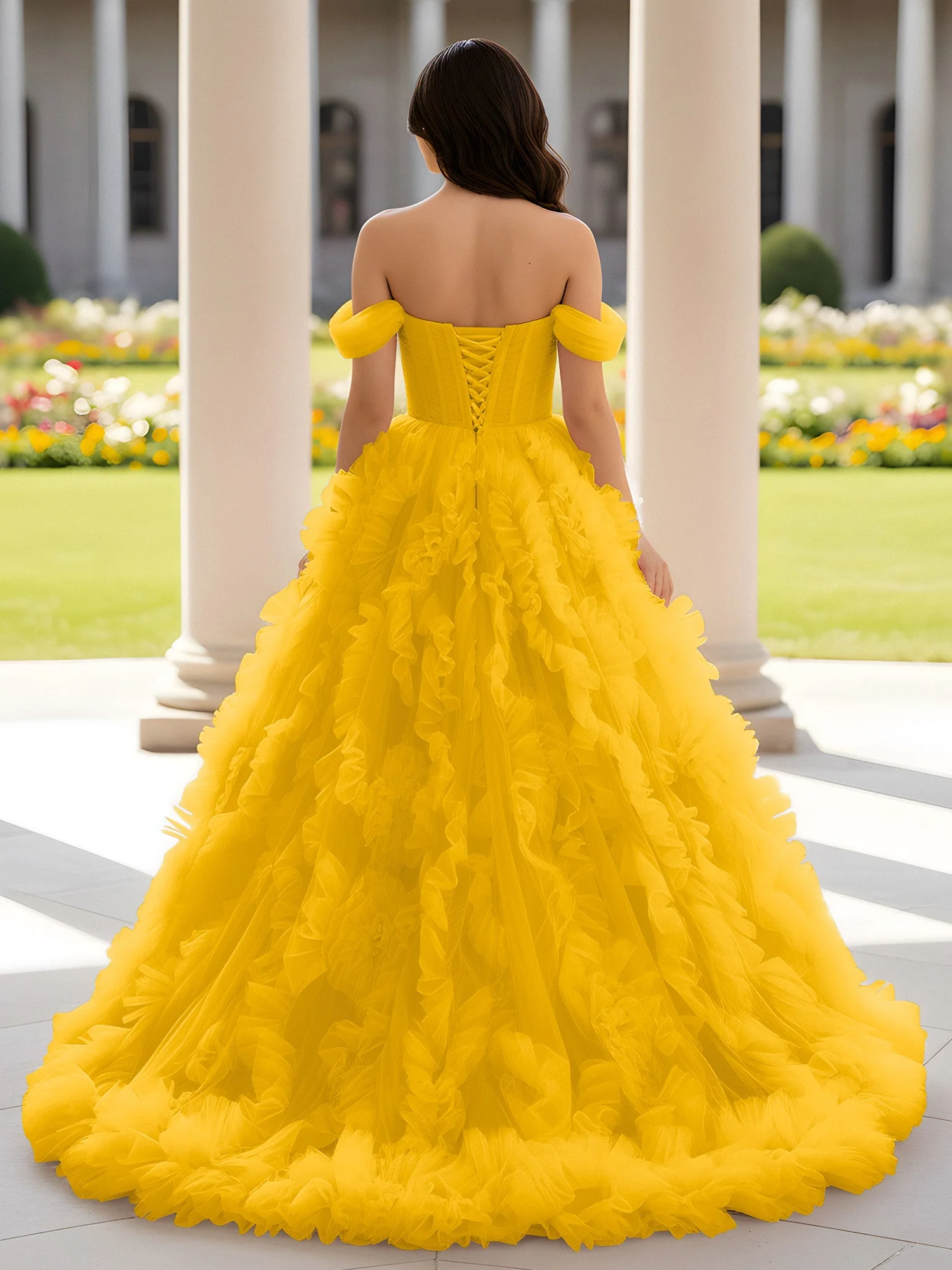 Herzform Schulterfrei Rüschen Schleppe Ballkleid Ringelblume - Image 2