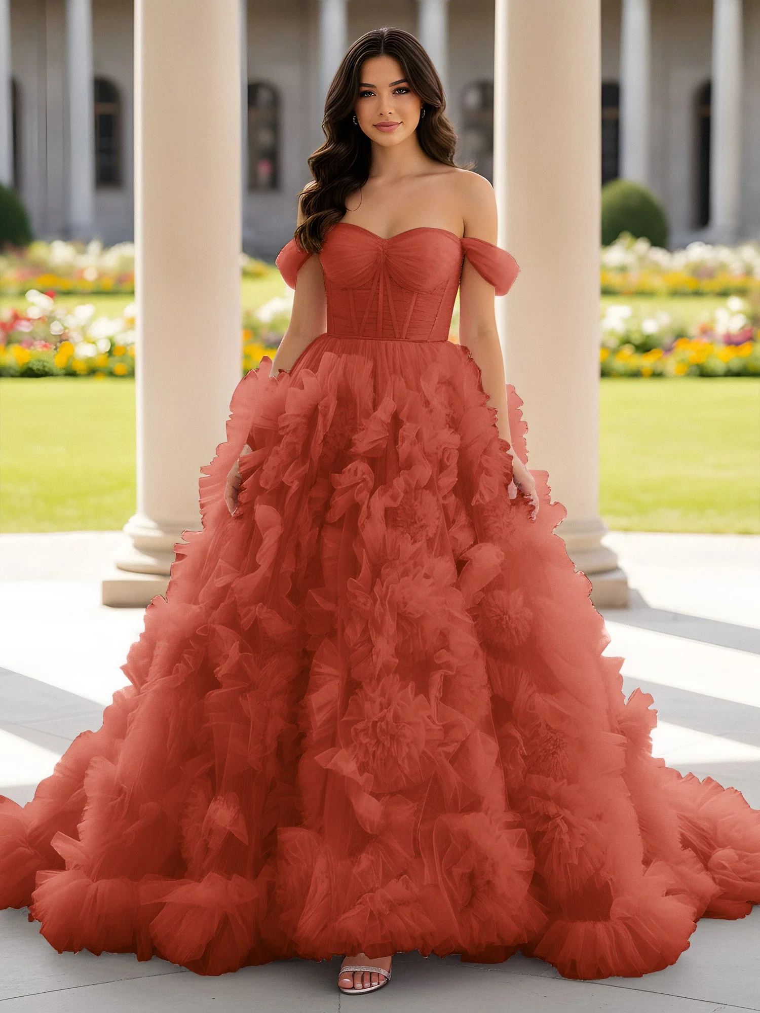 Herzform Schulterfrei Rüschen Schleppe Ballkleid Rost