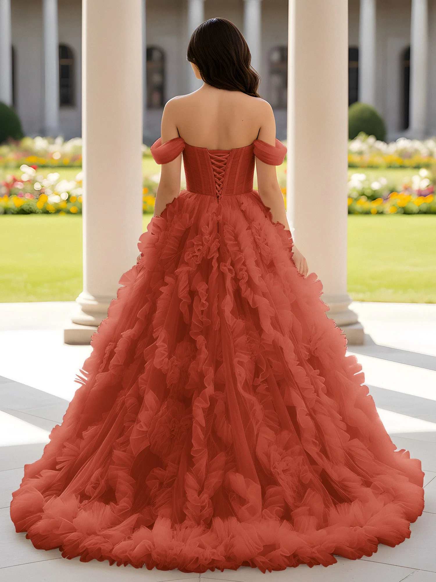 Herzform Schulterfrei Rüschen Schleppe Ballkleid Rost - Image 2