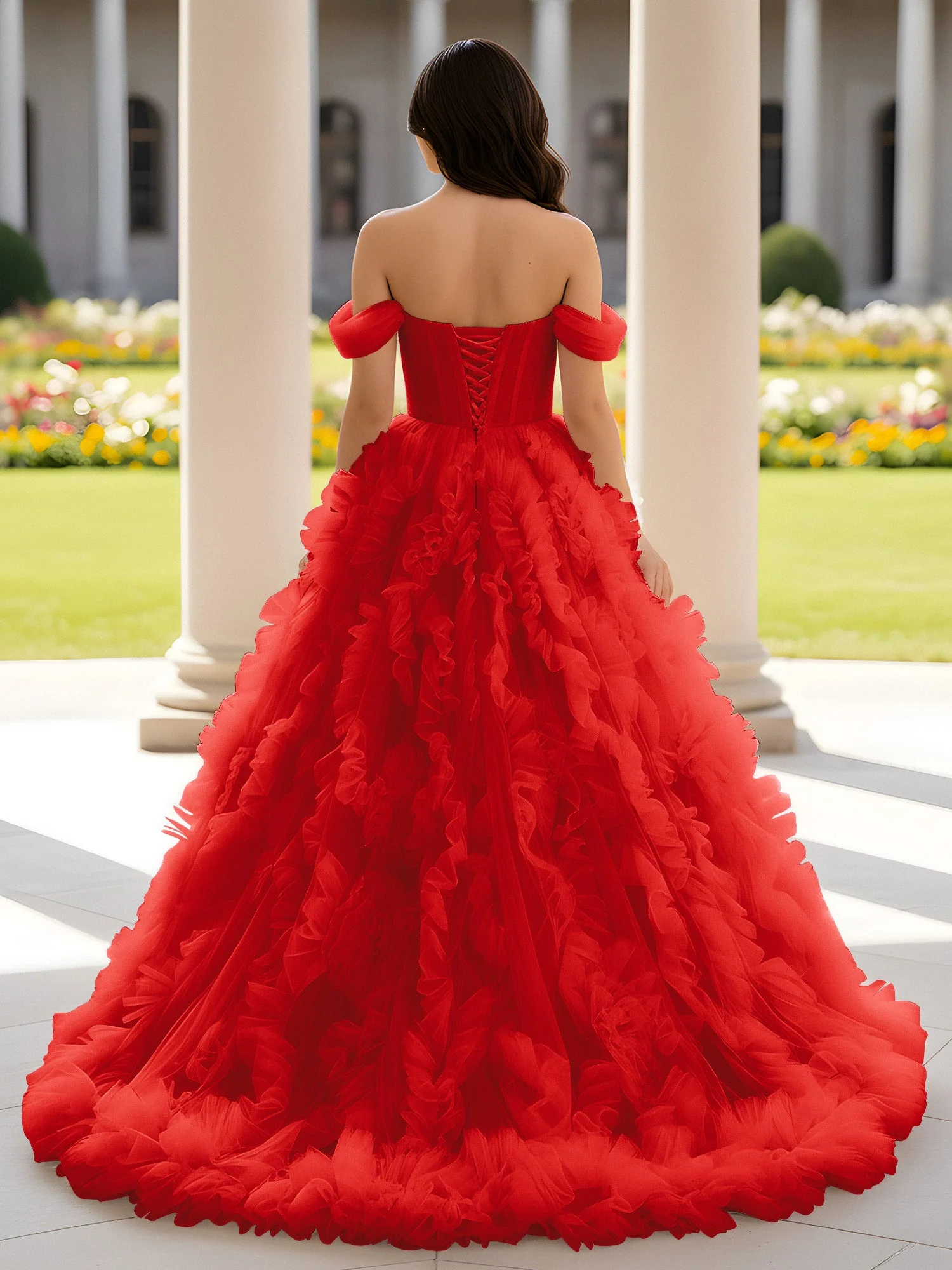 Herzform Schulterfrei Rüschen Schleppe Ballkleid Rot - Image 2