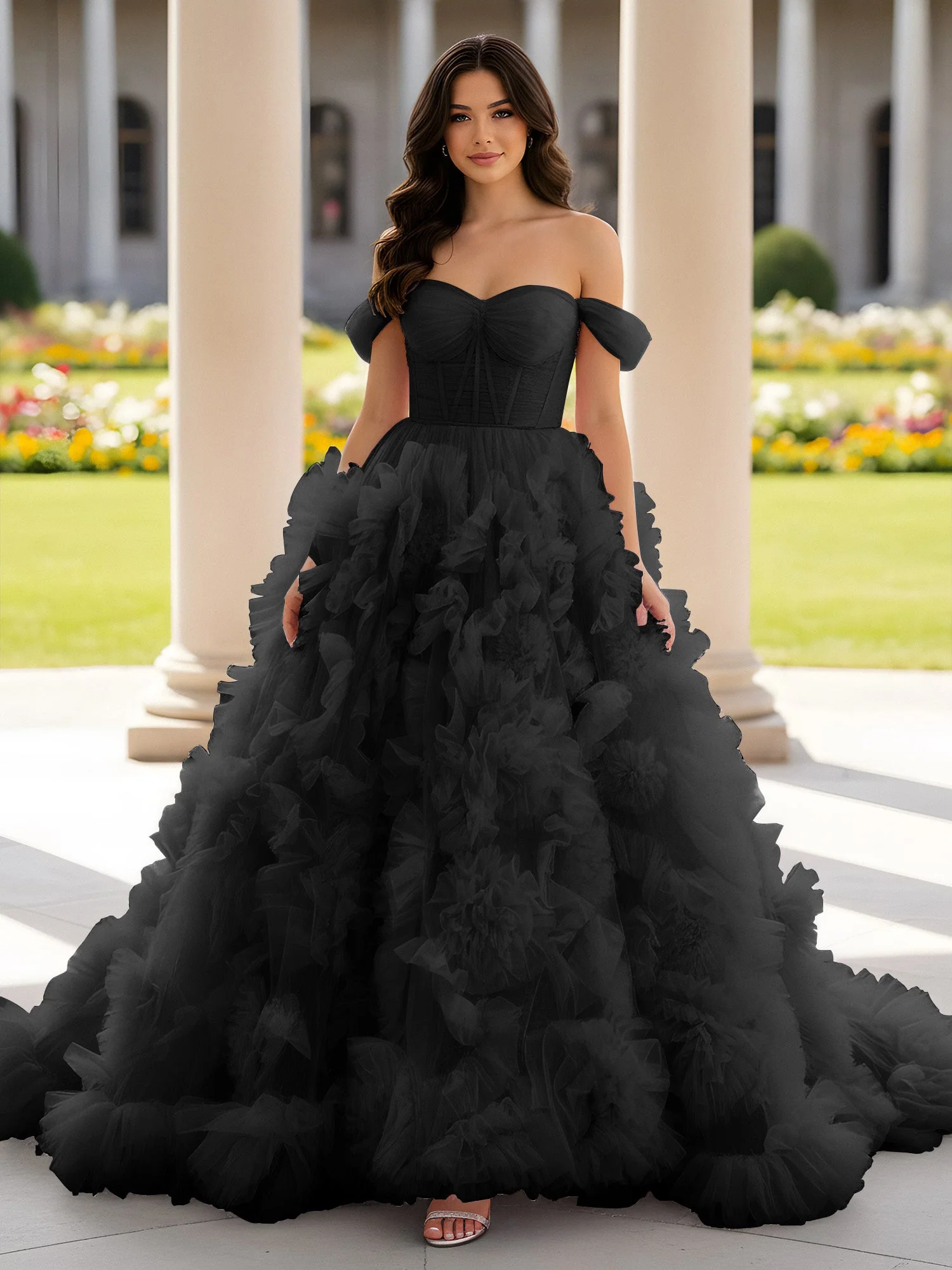 Herzform Schulterfrei Rüschen Schleppe Ballkleid Schwarz