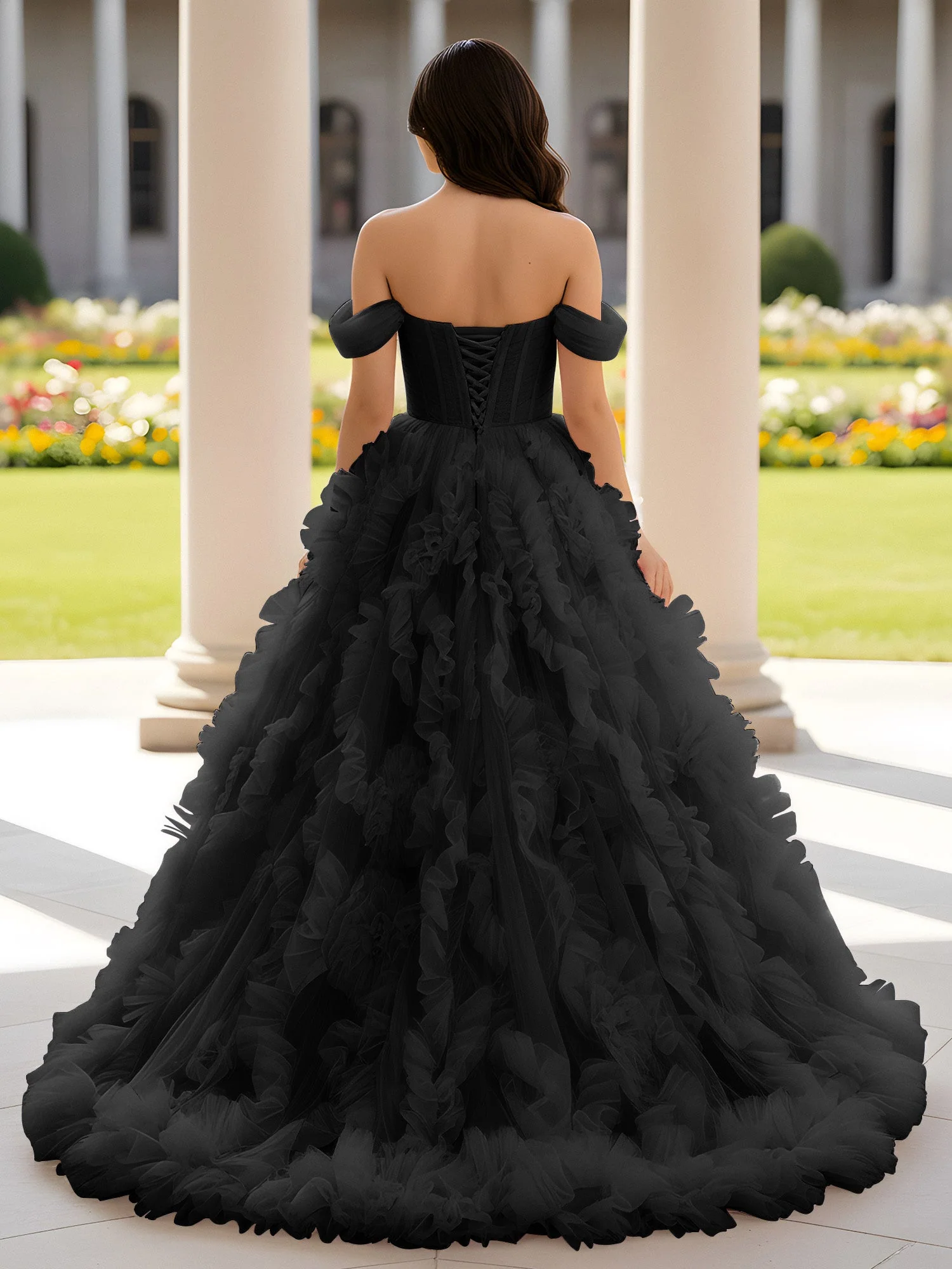 Herzform Schulterfrei Rüschen Schleppe Ballkleid Schwarz - Image 2