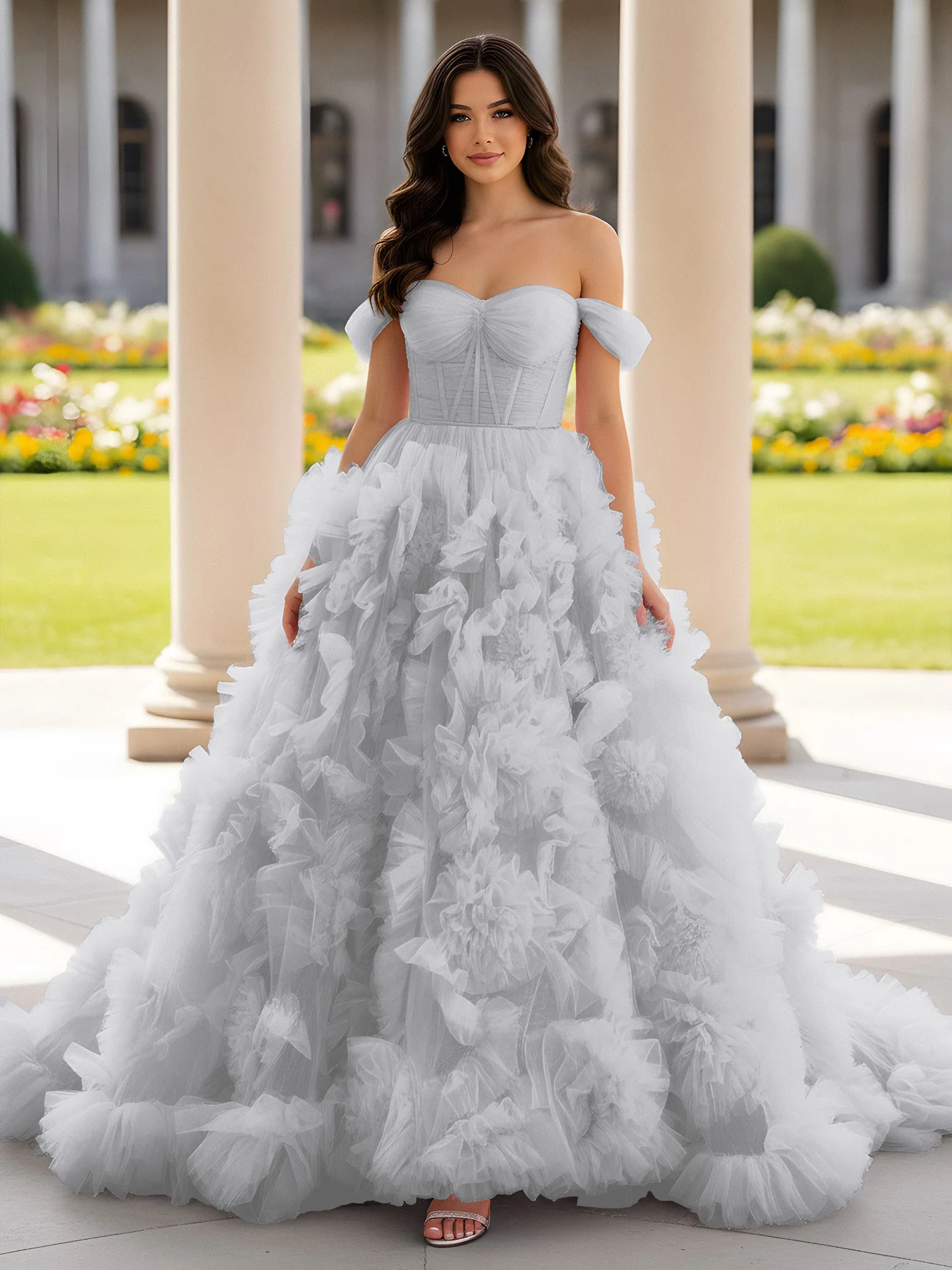 Herzform Schulterfrei Rüschen Schleppe Ballkleid Silber