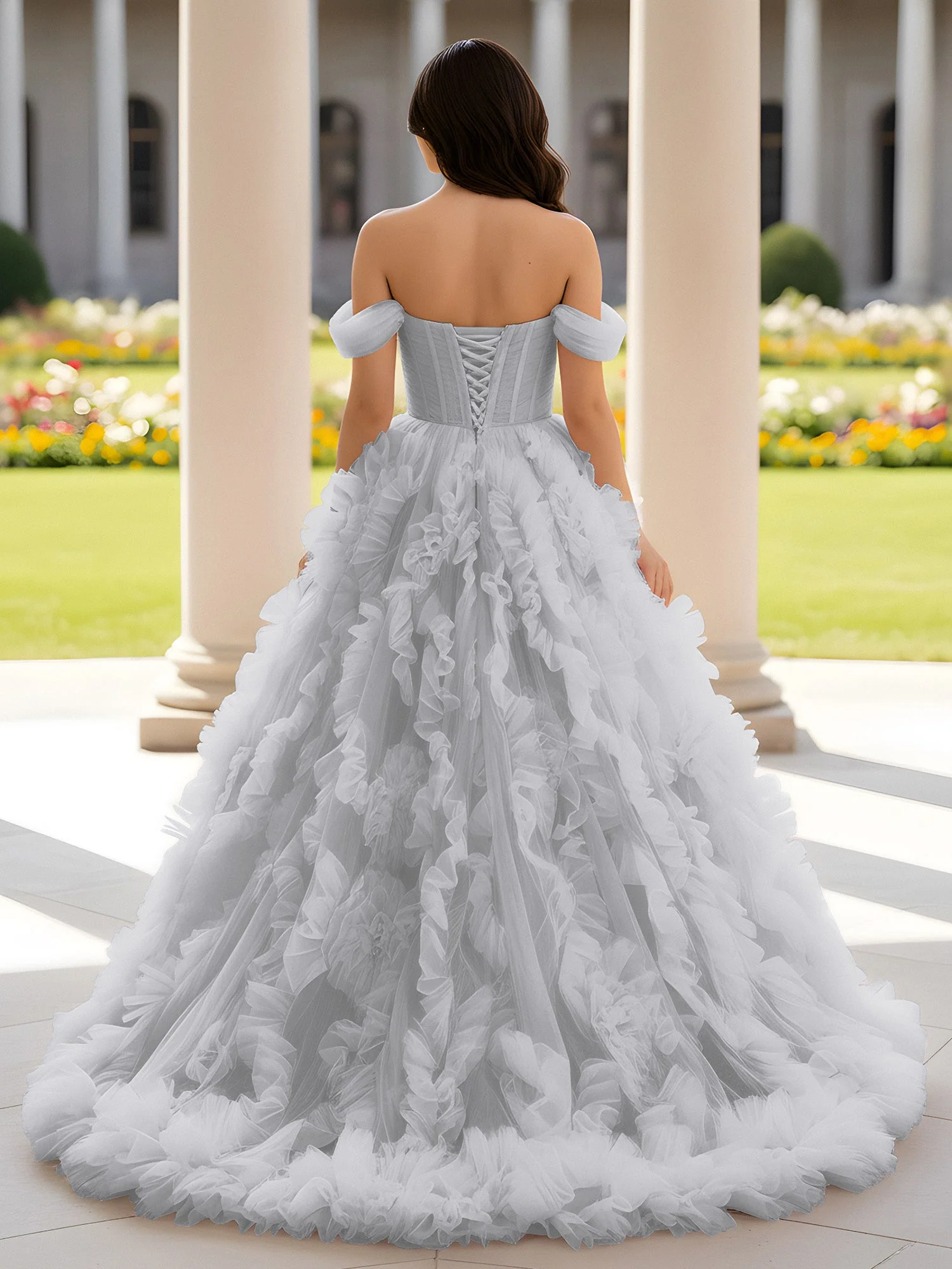 Herzform Schulterfrei Rüschen Schleppe Ballkleid Silber - Image 2