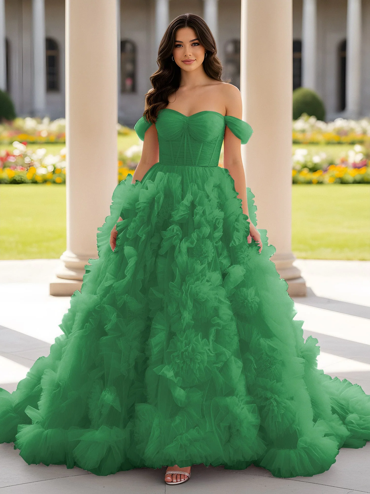 Herzform Schulterfrei Rüschen Schleppe Ballkleid Smaragd
