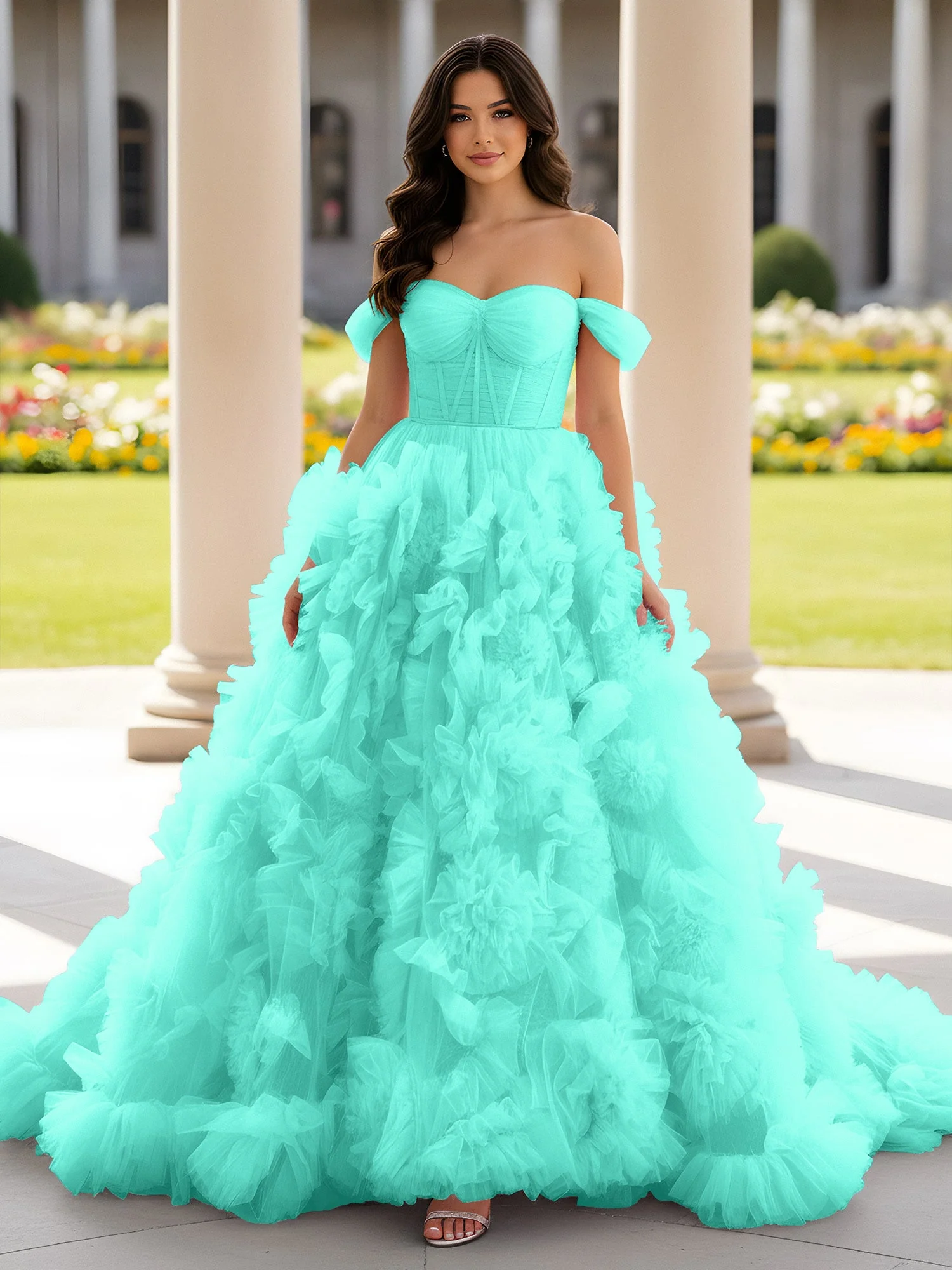 Herzform Schulterfrei Rüschen Schleppe Ballkleid Spa